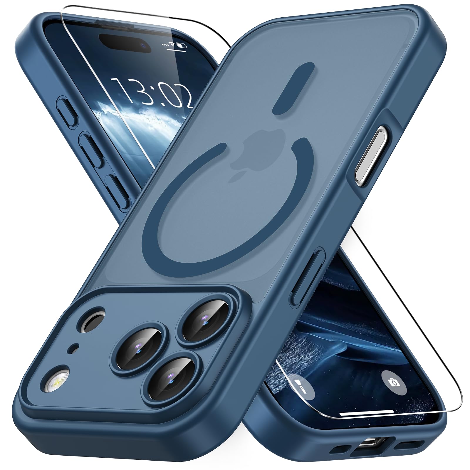 Vansdon Cover Magnetica per iPhone 17 Pro Max con 1 Pezzi Vetro Temperato, Compatibile con Magsafe, Protezione anticaduta di livello militare, Custodia Traslucida Opaca Sottile Antiurto-Blu Profondo