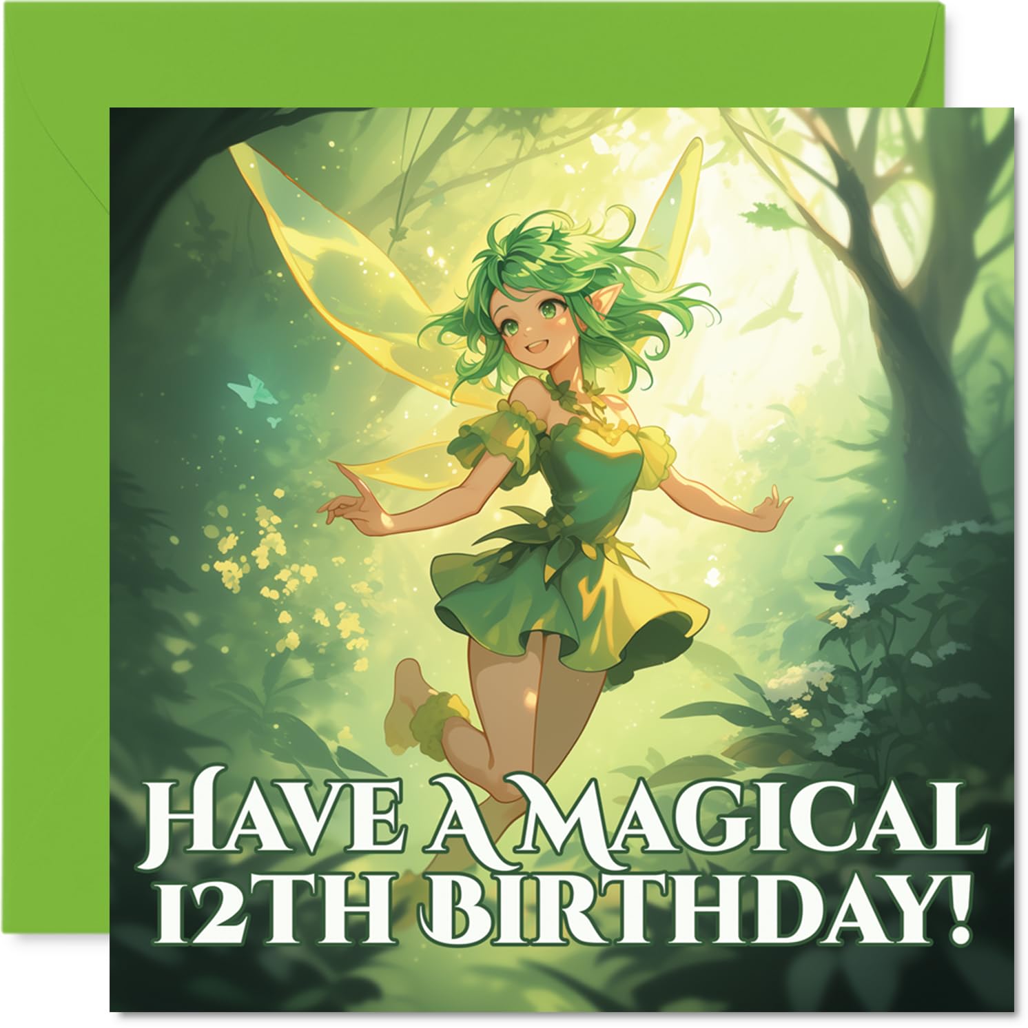 Birthday Card - Whimsical Fairy Fun - Enchanted Forest with Playful Fairy and Sparkling Green-yellow Hues - 145mm Square, Envelope Included