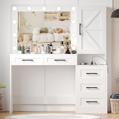 Irontar Escritorio de maquillaje con estación de carga, escritorio de maquillaje de granja con espejo de luces y cajones, mesa de tocador con