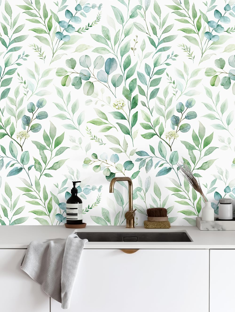 ICYEHAO Selbstklebende Tapete Grün Blätter, 44 x 500cm Eukalyptus Tapete Möbelfolie Grün Blätter Pflanzen Klebetapete Boho Möbelfolie Selbstklebend für Badezimmer Wohnzimmer Schlafzimmer Küche