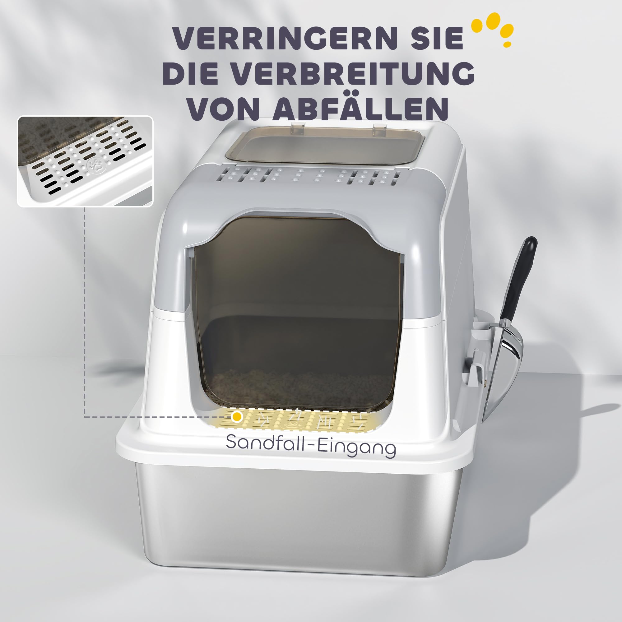PawHut Katzenklo Edelstahl mit Deckel bis 7 kg 60,4 x 40,4 x 41,8 cm Weiß | Katzentoilette mit Haube, Schaufel, Deodorierungsbeutel, Doppelgänge Katzentoilette, für Katzen