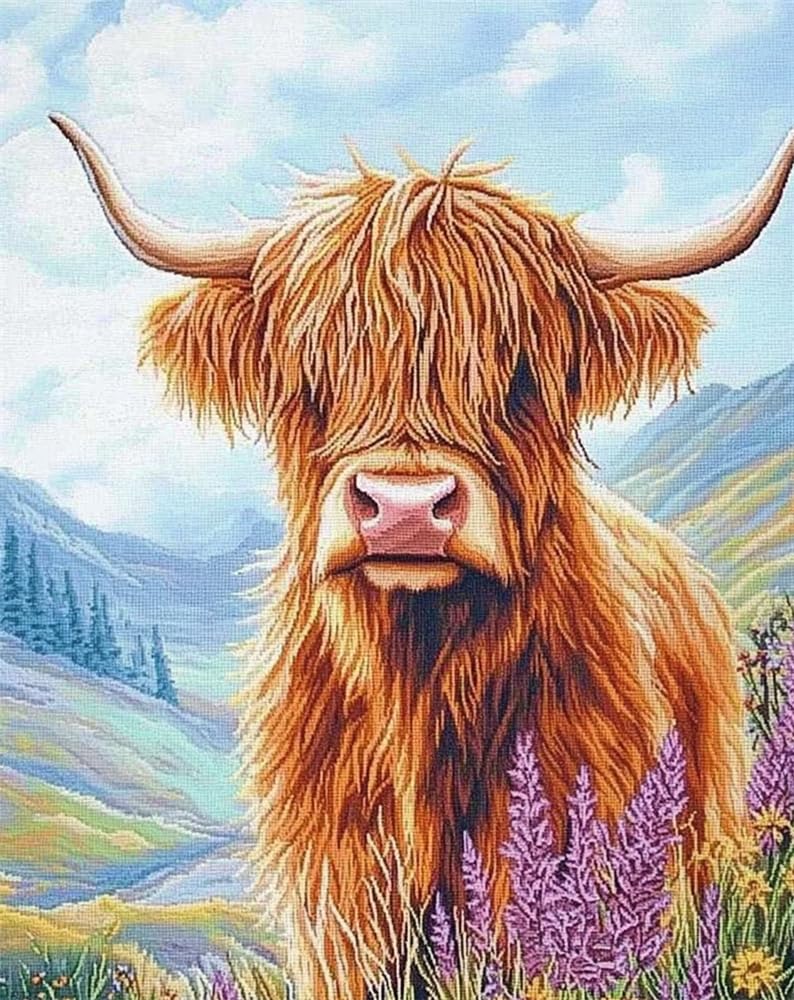 Rqwybcaxn Cross Stitch Kits Stamped,Highland Cattle Cows Printed Pattern 14Ct 15.7X19.7Inch (40X50Cm) DIY Embroidery Kit