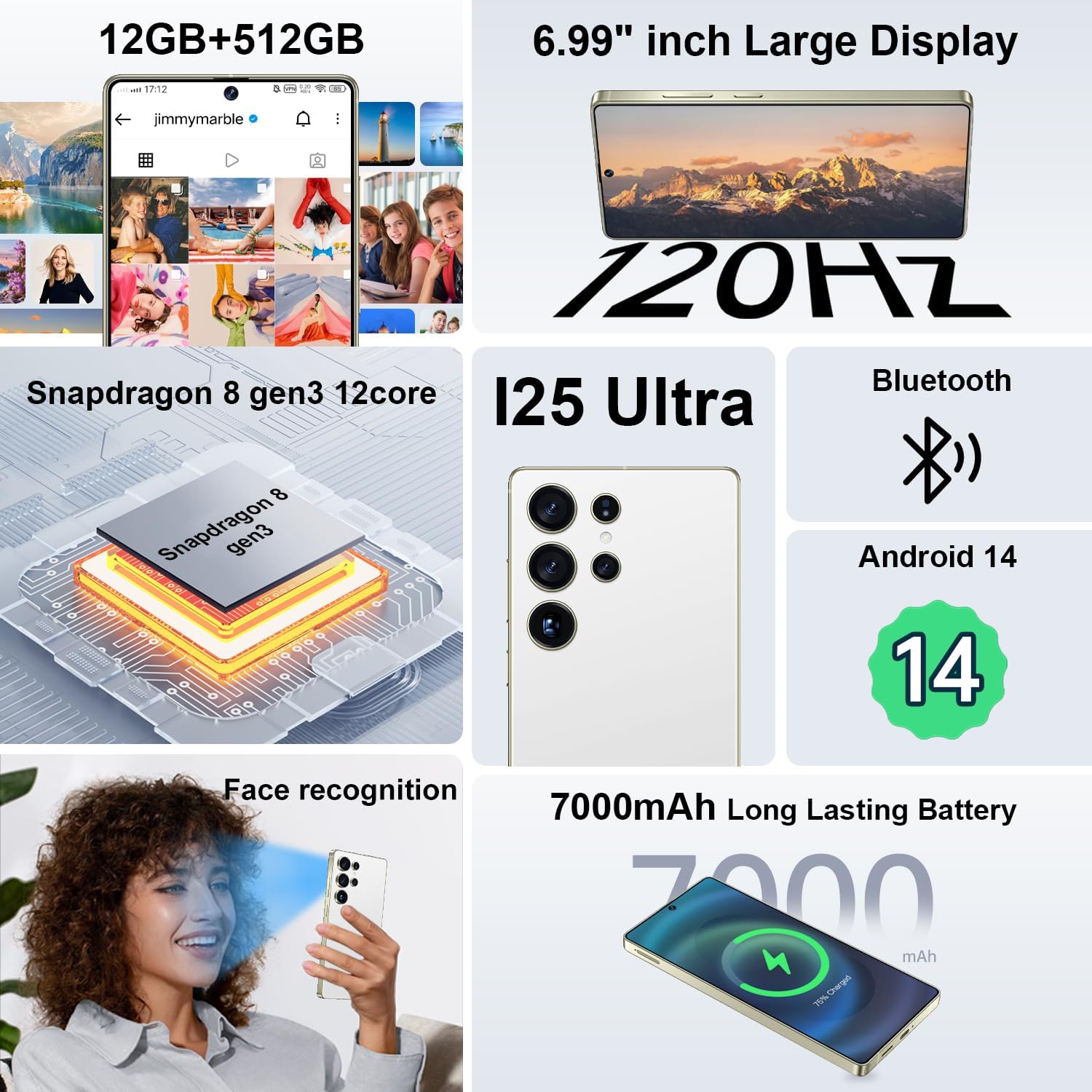 I25 Ultra 5G Unlocked Smartphone,16GB+512GB 7000mAh Fully Cell Phone for Android 14, 6.99" HD Screen Unlocked Cell Phone, 68MP+108MP Dual Camera/Dual SIM/Fingerprint (White)