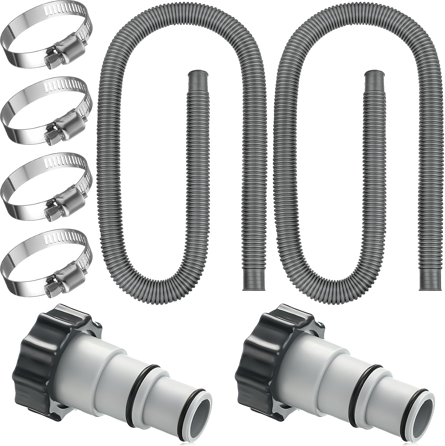 Saintrygo 2 Pack Thickened Pool Hose for Above Ground Pools 1.5 Inches Diameter 59 Inches Length Replacement Swimming Pool Pump Hose with 4 Pcs Clamps and 2 Replacement Adapter(Grey)
