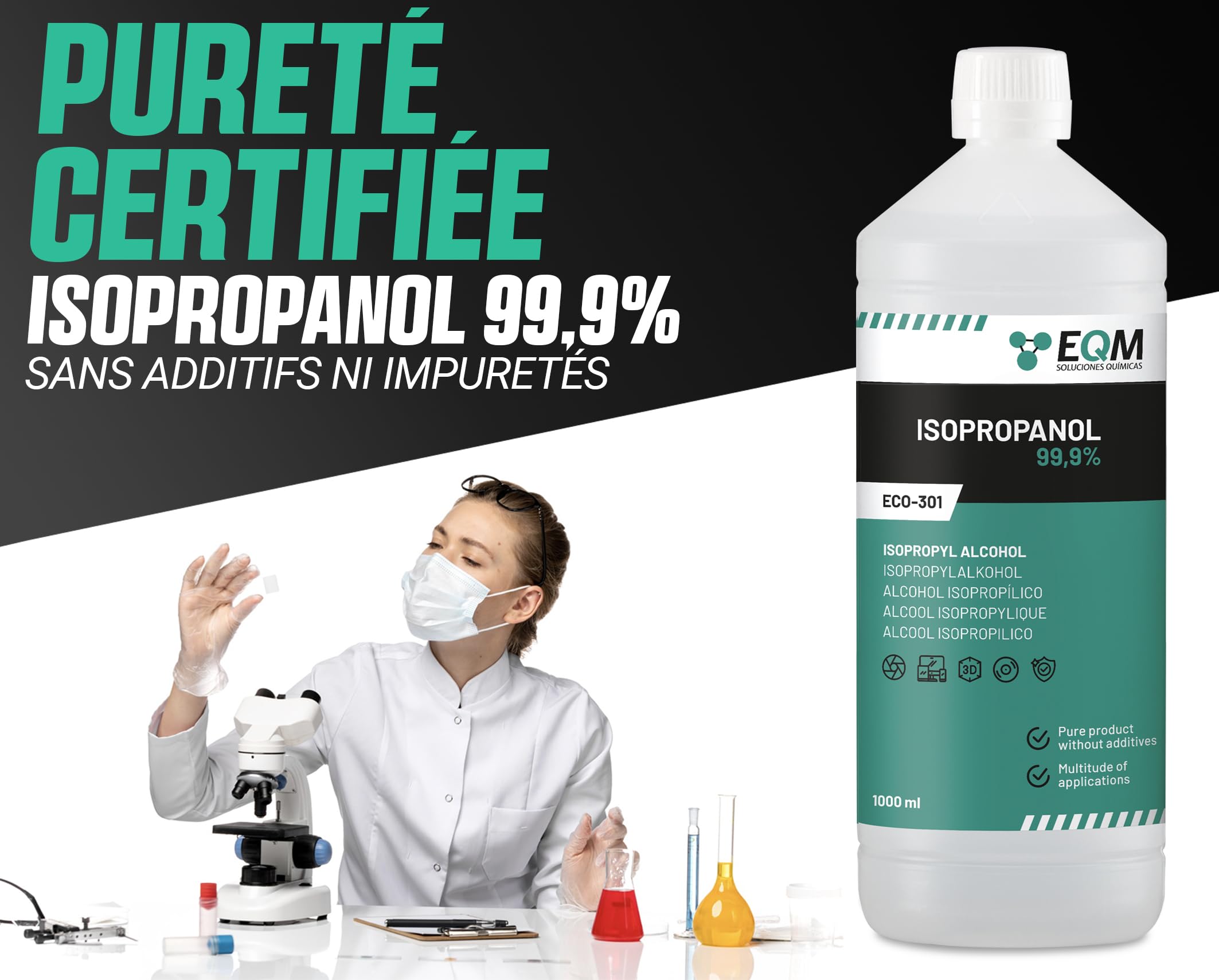 EQM - ECO-301 - Alcool Isopropylique Pur à 99,9% - 3x1L - Nettoyage de composants électroniques, objectifs et écrans - Nettoyage des résines d'impression 3D