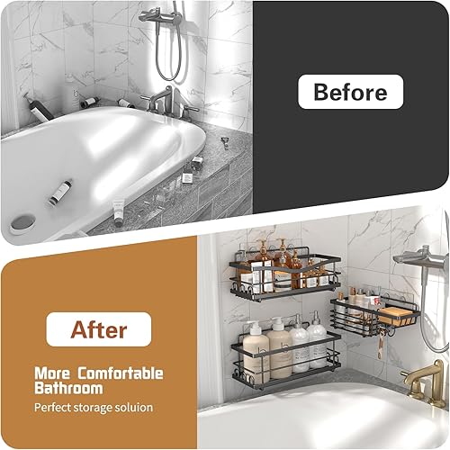 Miniatura 8 de Organizador de ducha, paquete de 3 organizadores de baño de gran capacidad y almacenamiento, estantes adhesivos a prueba de óxido sin perforaciones