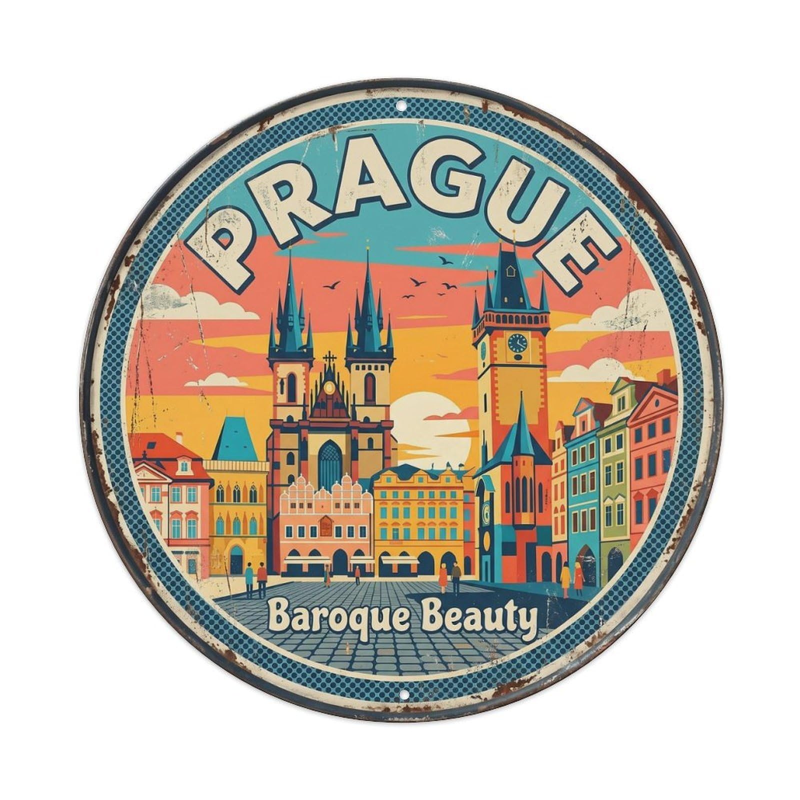 Vintage Travel Prague Oldtown Czech Metal Tin Sign