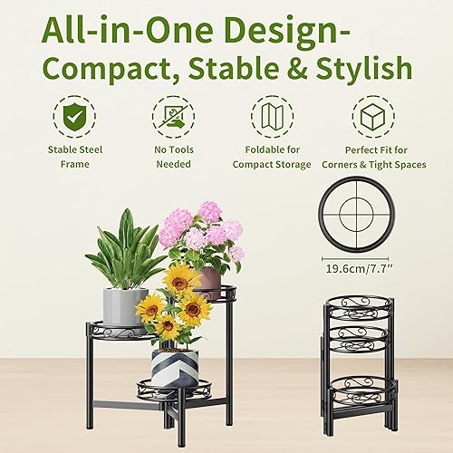 Miniatura 5 de Soporte para Plantas de 3 Niveles Exterior, Soporte de Metal para Múltiples Plantas, Estante Plegable Alto para Plantas Estante de Exhibición para