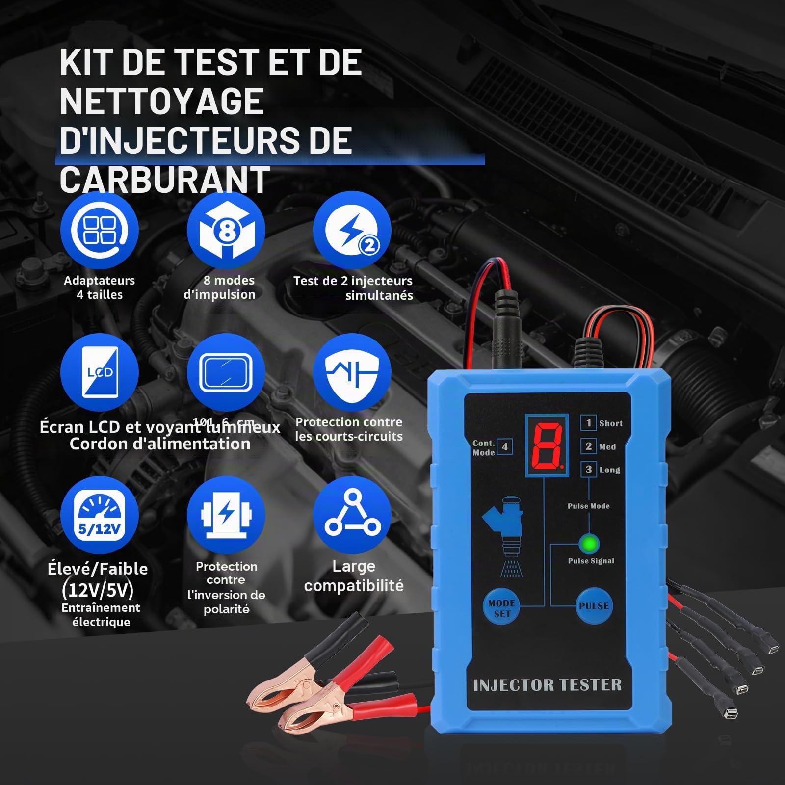 MRCARTOOL Testeur d'injecteur de Carburant pour Automobile 12V avec 4 Adaptateur de Nettoyage et 8 Modes d'impulsion pour Injecteurs de Carburant EFI GDI, Test Synchrone de 2 Injecteurs