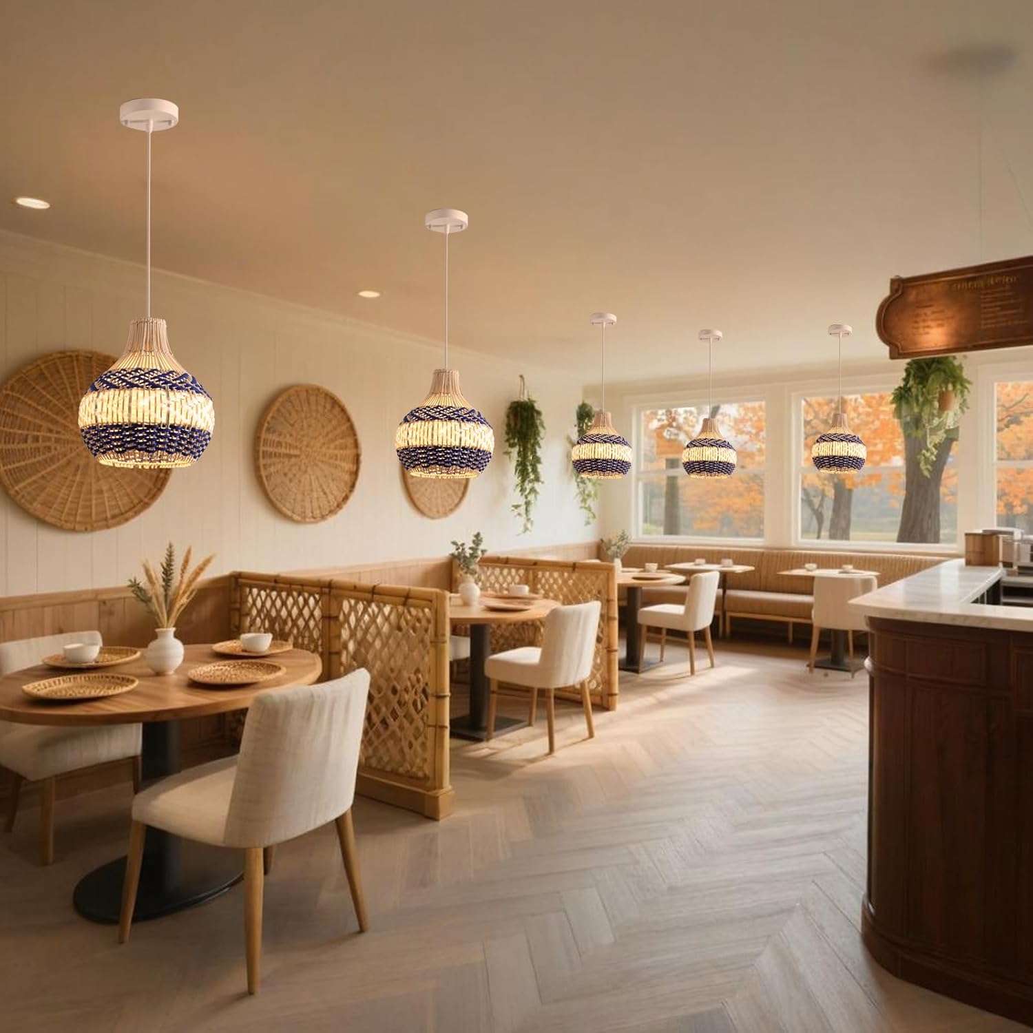 3-Pack Rattan Pendant Light,11In Blue White Hanging Light Hand-Woven Rattan Chandelier for Dining Living Bedroom Kitchen Farmhouse