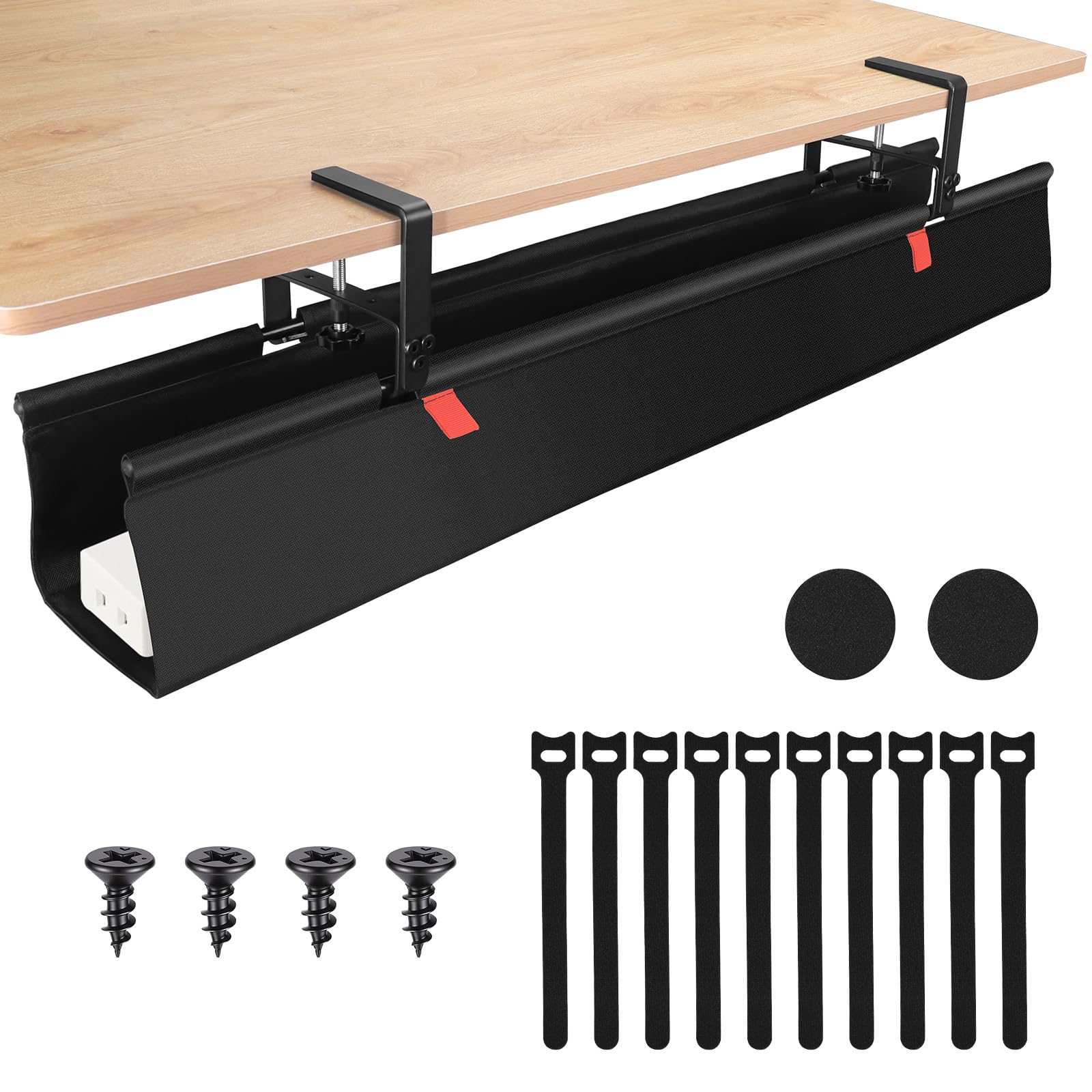 Fentar Organizator kabli biurkowych, 90 cm, taca kablowa na biurko w tkaninie Oxford 600D, zarządzanie kablami pod biurkiem z uchwytem zaciskowym, zbiera kabel stół z otworem bocznym