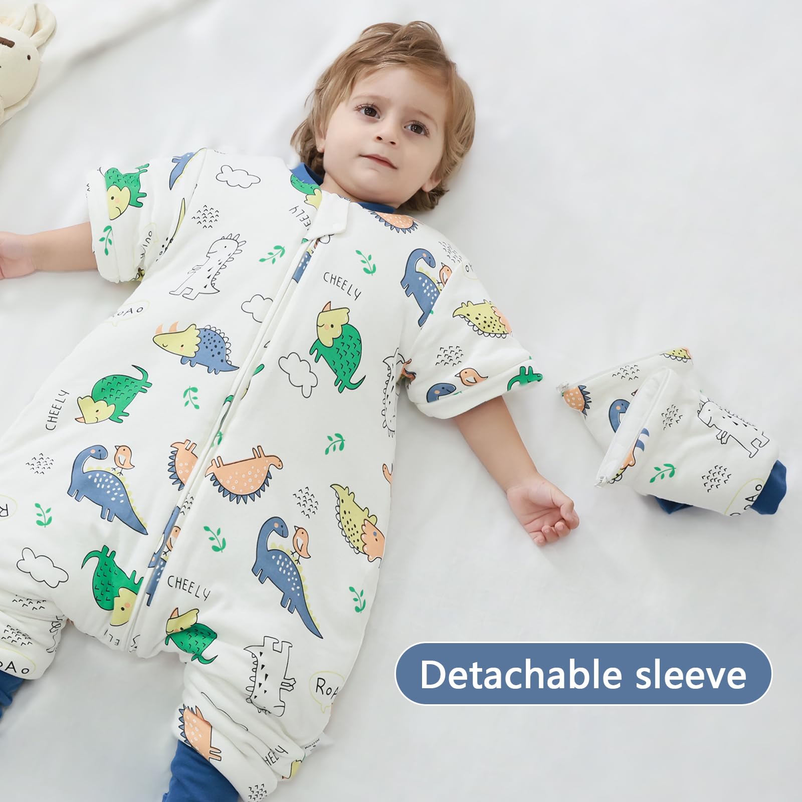 MIKAFEN Sacco nanna a maniche lunghe con piedi 3,5 tog invernale, per bambini - sacco nanna invernale con gambe - 100% cotone, Dinosauri verdi (18-36 mesi)