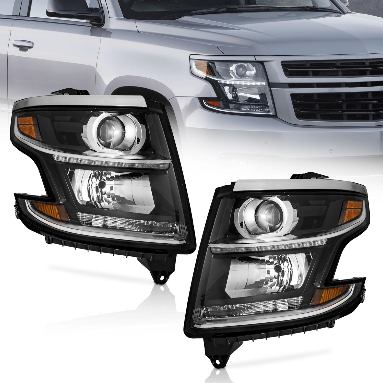WEELMOTO Headlights Assembly Pair For 2015-2020 Tahoe/Suburban, Headlight Assembly For 16 17 18 19 Chevy Suburban 3500HD Halogen Type Headlamp Replacement Black Housing Amber Reflector Left+Right