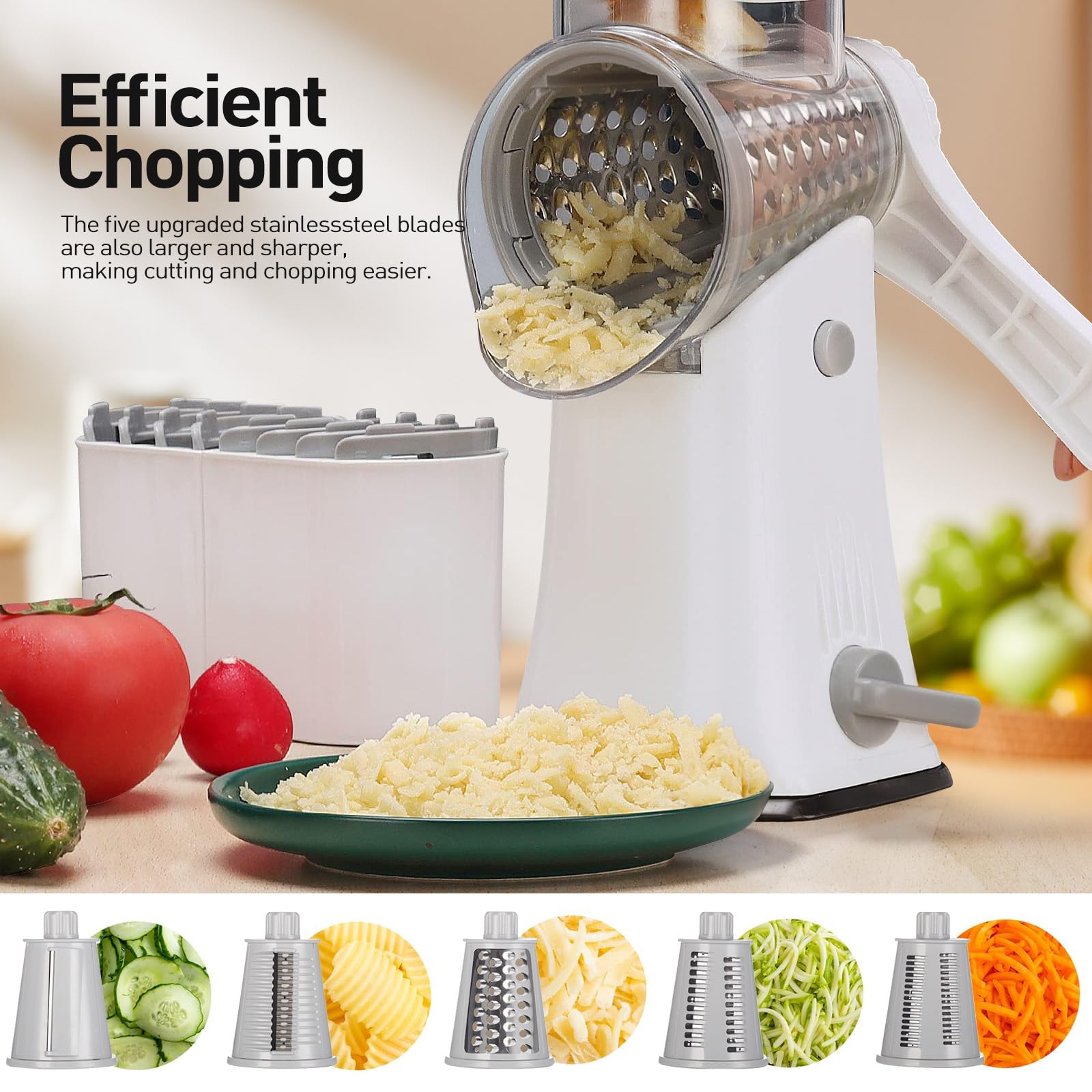APSARAS USA - Rallador de queso con manivela, rallador giratorio 5 en 1, cuchillas de acero inoxidable reemplazables con base de succión fuerte, utensilios de cocina fáciles de limpiar con caja de