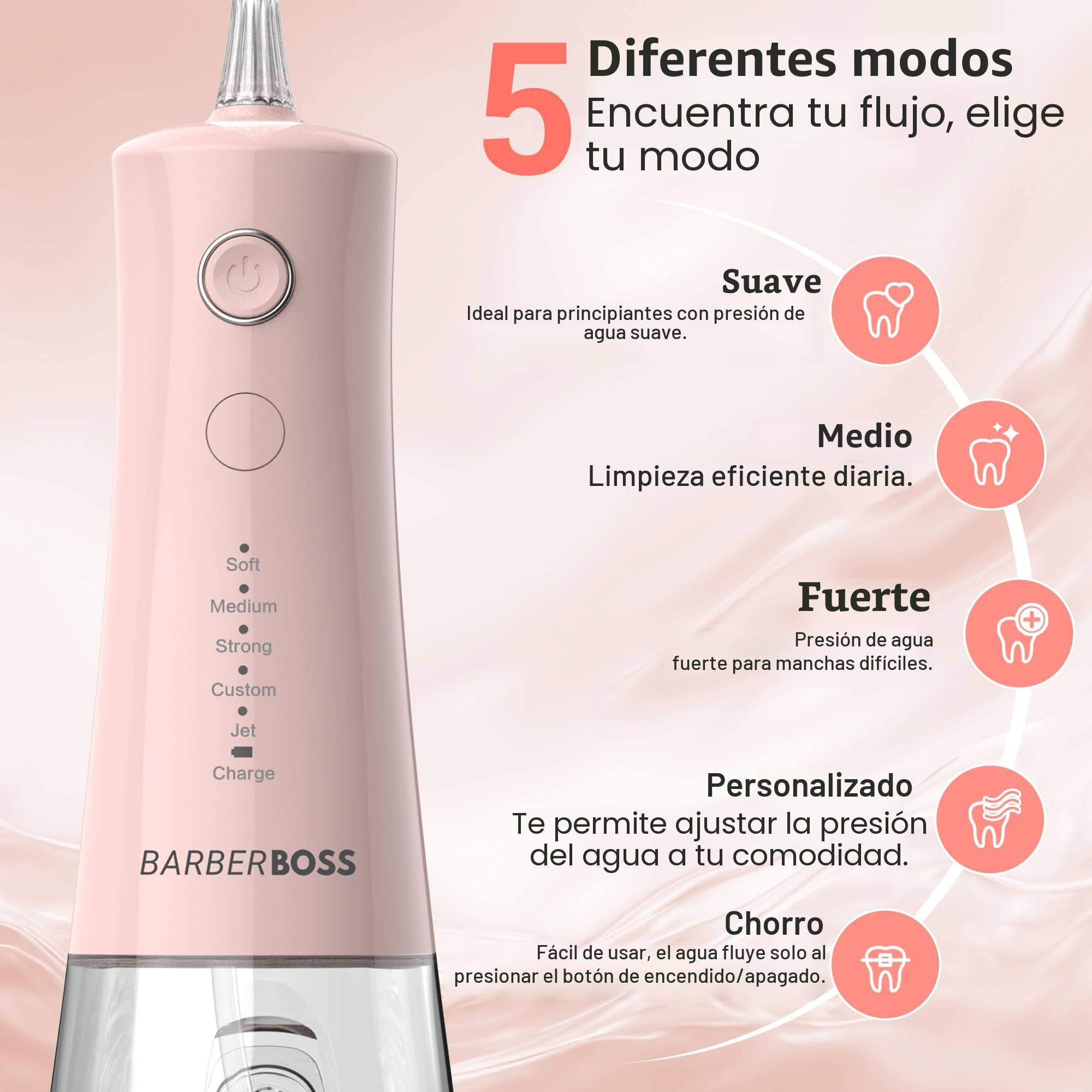 BarberBoss Irrigador Dental, hilo dental eléctrico, 5 niveles presión, 340 ml resistente agua IPX8, irrigador bucal portátil para el cuidado las encías, QR-7103 (Rosa Pastel)