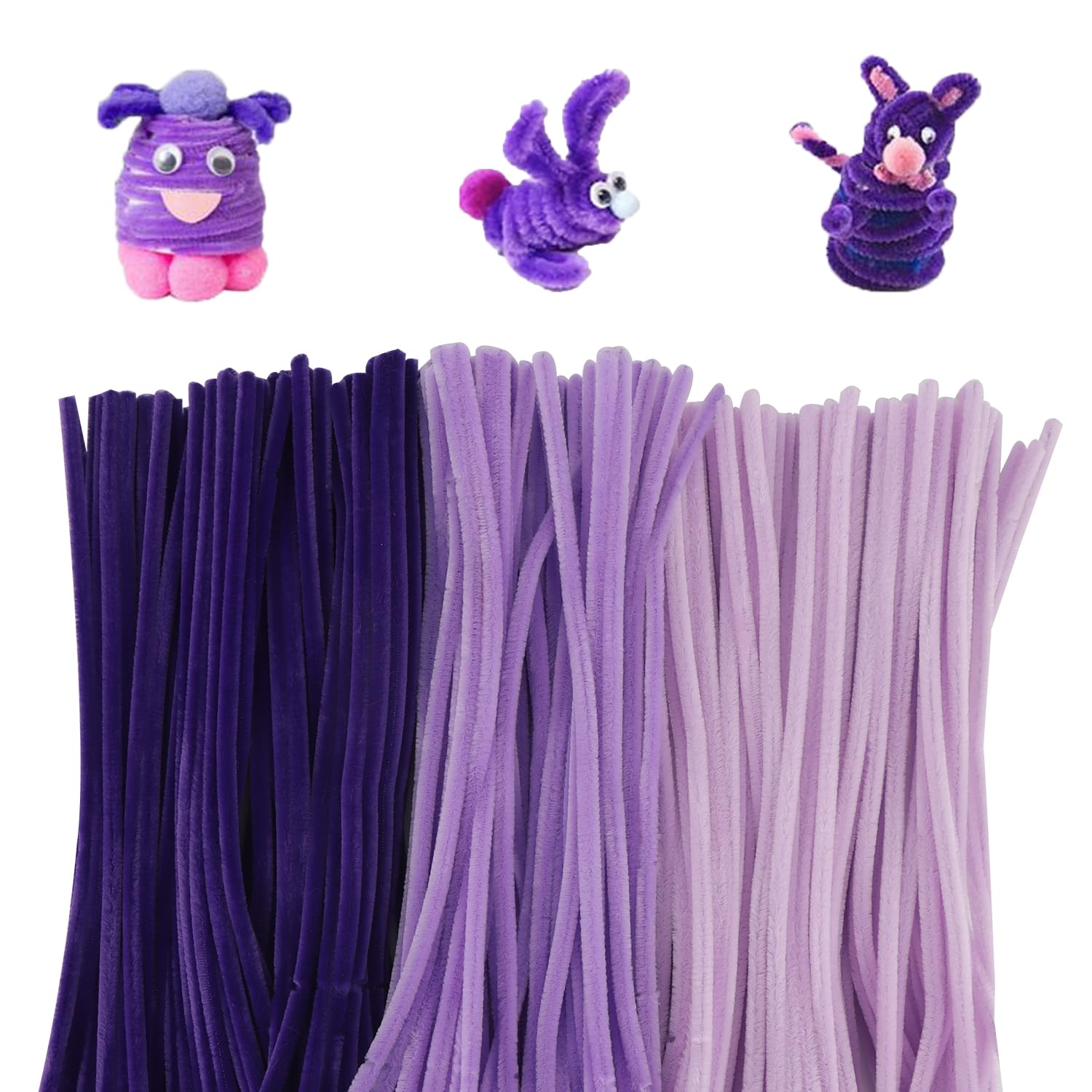 300Pcs Pipe Cleaners for Craft 30cm, 3 Different Pink Pipe Cleaners, DIY Pipecleaners Chenille Cord for Crafting Gift, Flexible Plush Chenille Stem for Craft Project (Purple)