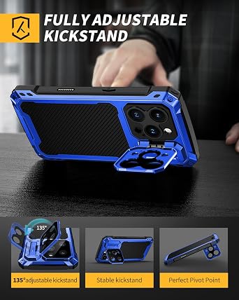 Lanhiem for iPhone 16 Pro Max Metal Case with Camera Cover & Stand [Compatible with MagSafe] [Built-in Kickstand] [Military-Grade Protection] Heavy Duty Rugged Magnetic Phone Case, (Blue)