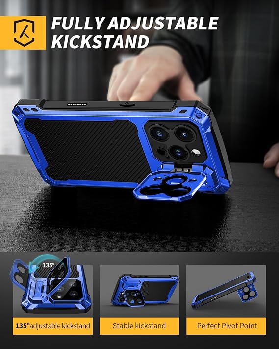 Lanhiem for iPhone 16 Pro Max Metal Case with Camera Cover & Stand [Compatible with MagSafe] [Built-in Kickstand] [Military-Grade Protection] Heavy Duty Rugged Magnetic Phone Case, (Blue)