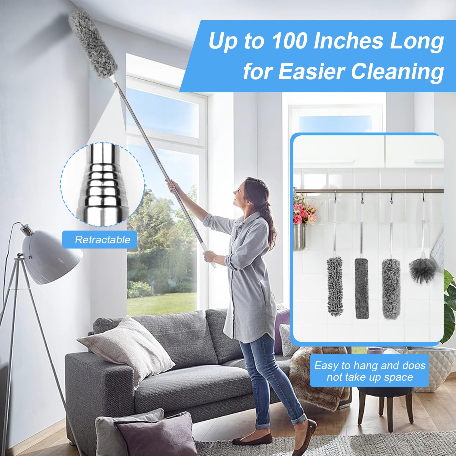 Plumero para limpieza 5 en 1, plumero de 100 pulgadas con poste de extensión, plumero extensible, plumero de microfibra para techos altos, muebles, persianas, pared, gris