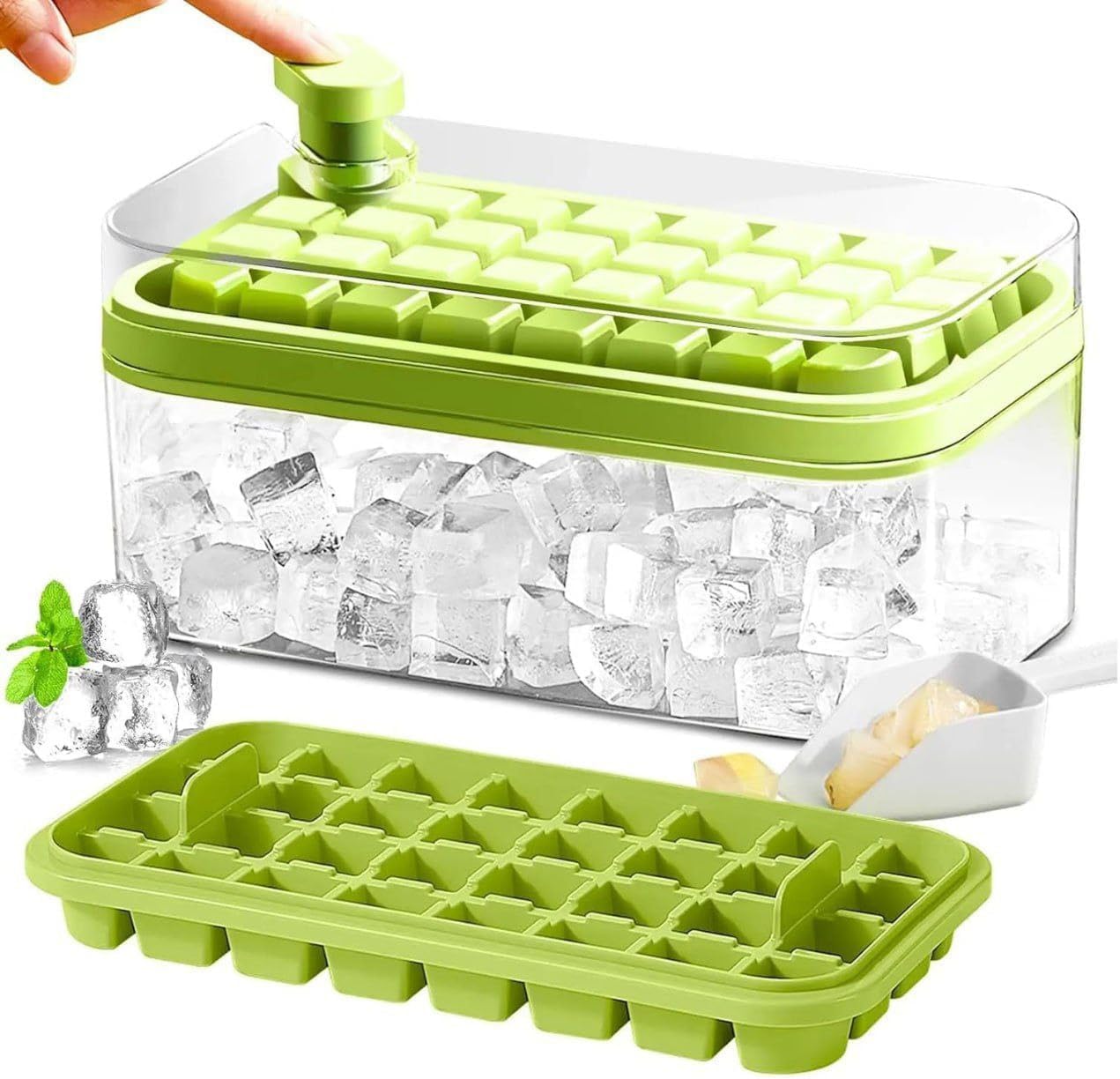 Ice Maker with Storage Box Single Layer Ice Tray Mold for Freezer ice Making Molds for Coffee,Cocktails, Whiskey Tray with Lid and Bin 32 Grid Ice Tray with Scoop Ice Cube