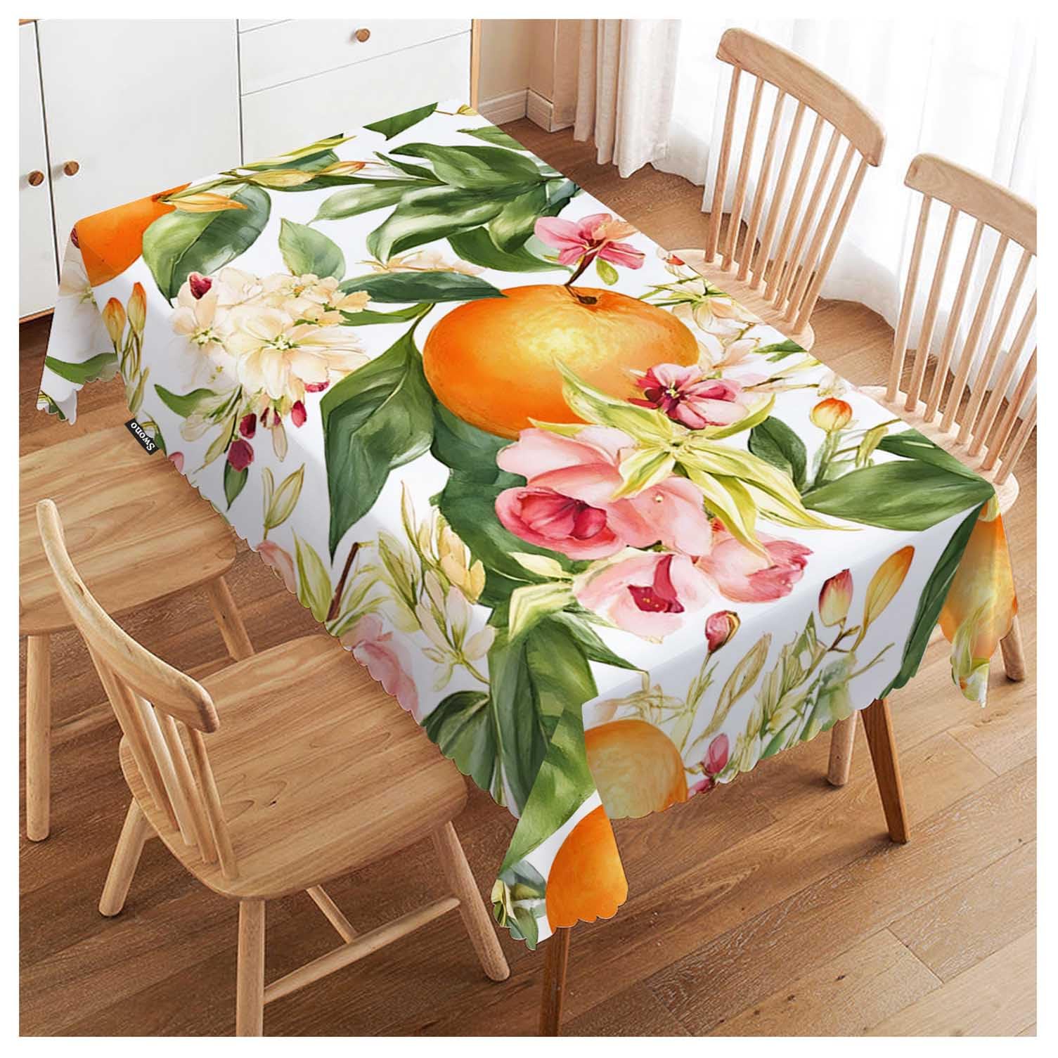 FJQWKLF Decorative Rectangle Tablecloth Orange, Watercolor Blooming Orange Flowers Twig Summer Polyester Tablecloth Kitchen Table Cover for Dining BBQ Picnic Coffee Table 50x72