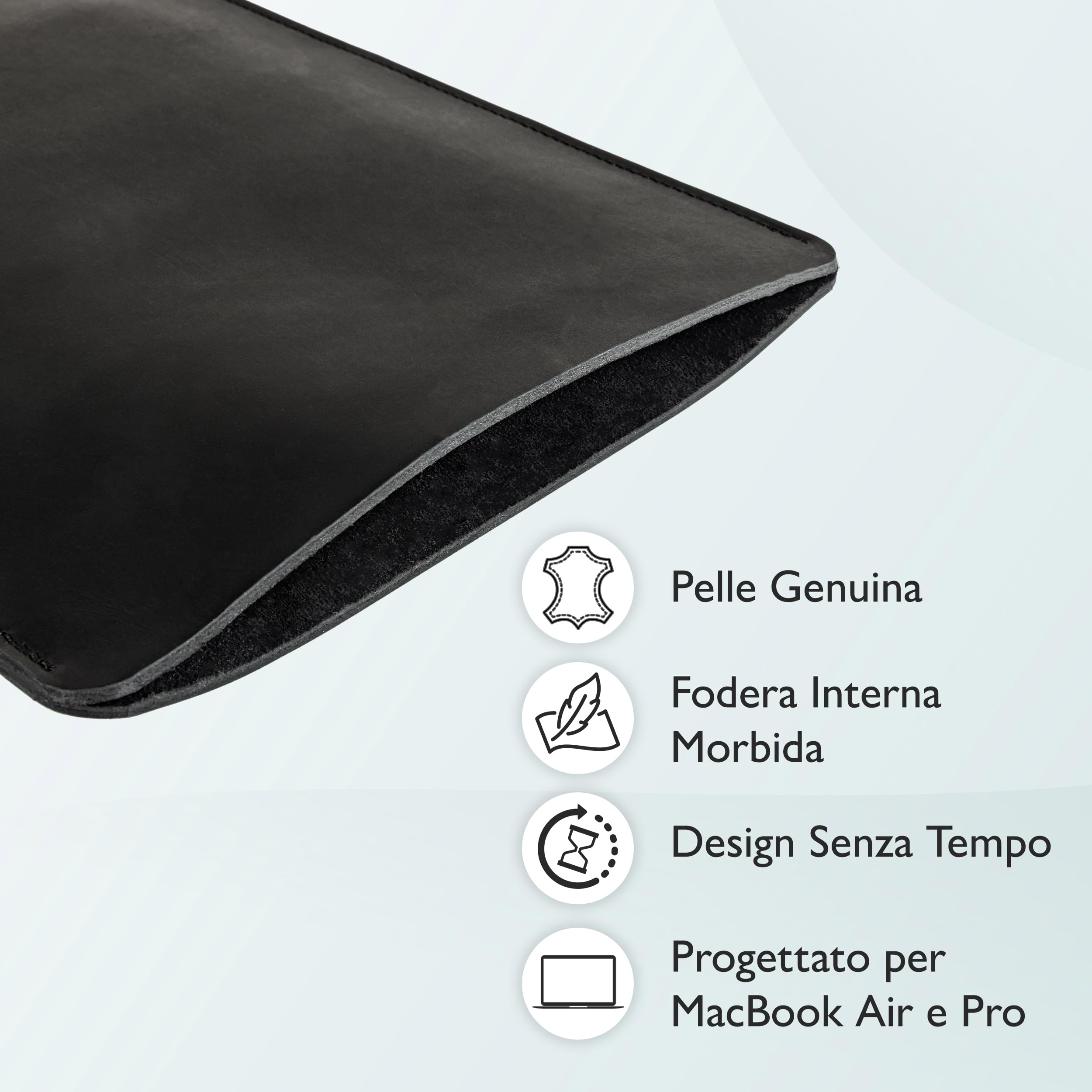 Custodia in Pelle per MacBook Air 13 pollici (2018, 2019, 2020 - Intel, M1 / 2022, 2024, 2025 - M2, M3, M4) e per MacBook Pro 13" (2016, 2017, 2018, 2019, 2020 - Intel, M1 / 2022 - M2) (Nero)