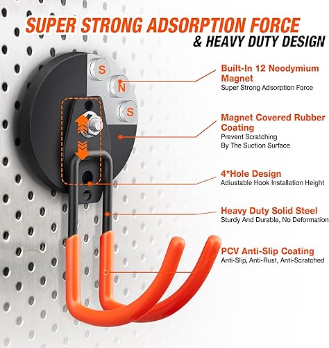 Miniatura 2 de Ganchos magnéticos grandes y fuertes para colgar de alta resistencia, 2 ganchos de almacenamiento de imanes de neodimio de 3.5 pulgadas, gancho