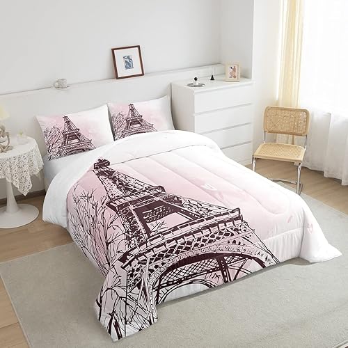 Miniatura 3 de Juego de edredón de la Torre Eiffel, tamaño individual, juego de ropa de cama romántica de San Valentín, rosa y blanco, edredón para mujeres y