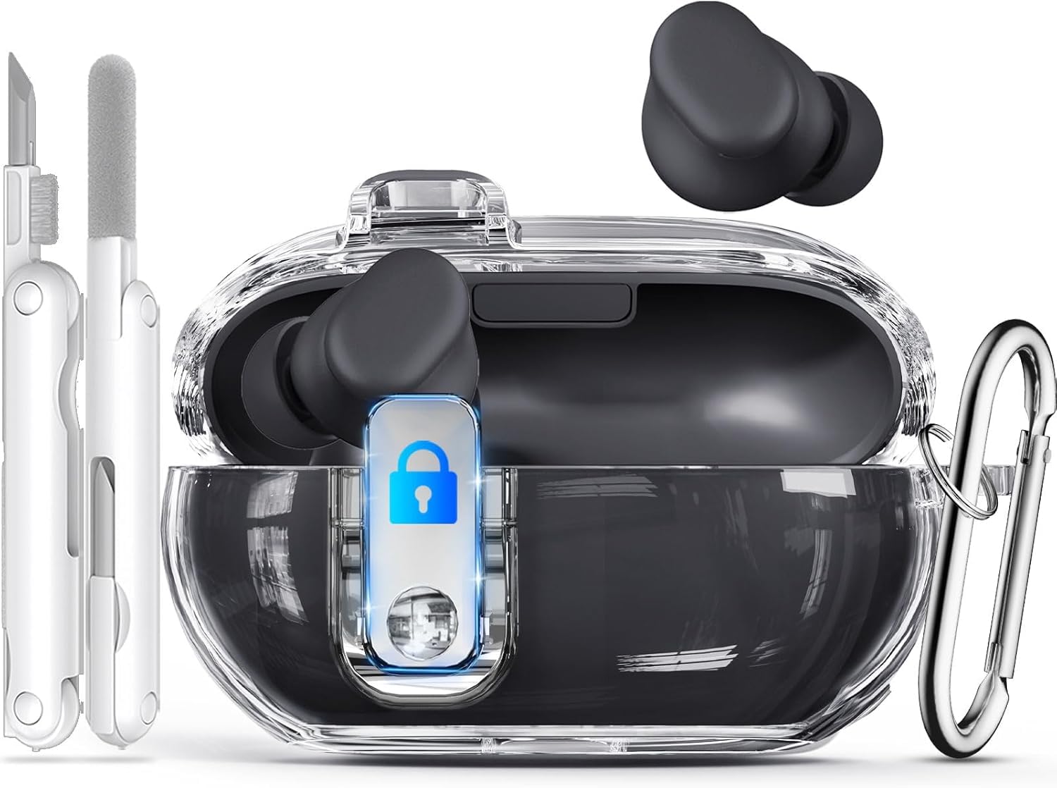 【3-in-1 Secure Lock】 Case for Beats Solo Buds 2024 with Cleaning Kit & Keychain, Ekoonpft Anti-Yellowing Clear Cover Compatibility with Beats Solo