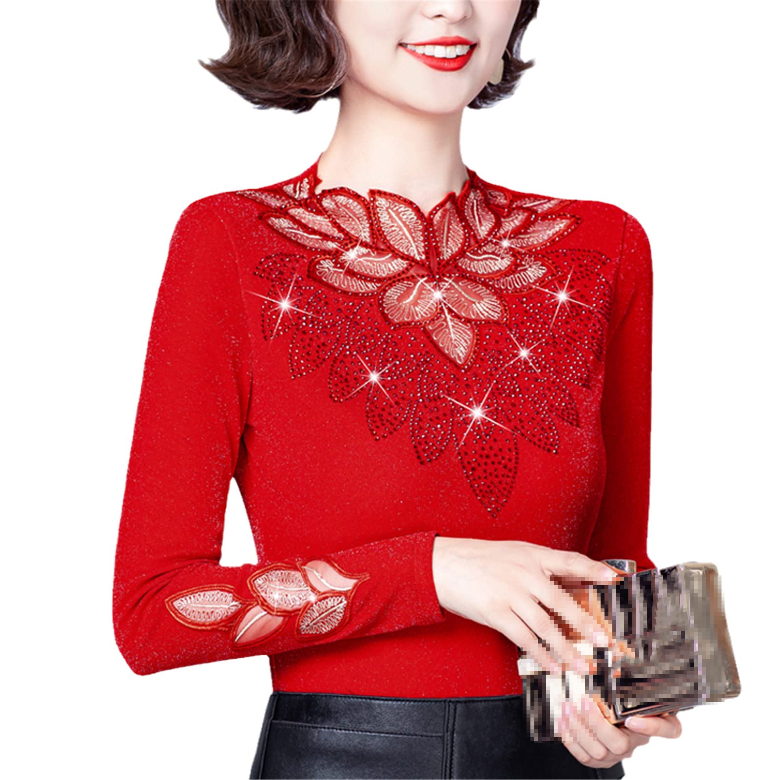 SaoBiiu Camicia da donna elegante in pizzo autunno a maniche lunghe t-shirt fiori maglia pizzo camicetta top, Rosso, S