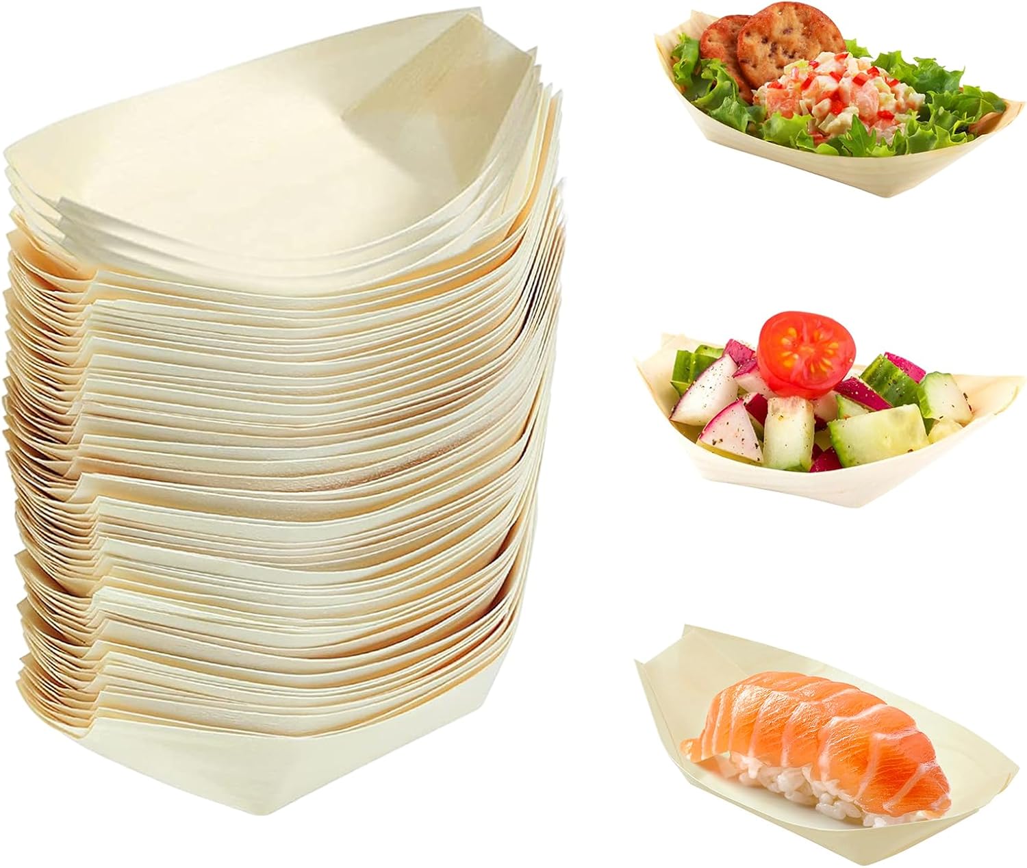Aobuviou 50pcs Disposable Bamboo Boats for Food, Eco Friendly Boat Plates,Wooden Serving Boats Dishes,Sushi Boat Trays for BBQ,Party Garden Hot Dogs, Crepes, Salad, Chips,Fingerfood,17 x 8.5cm