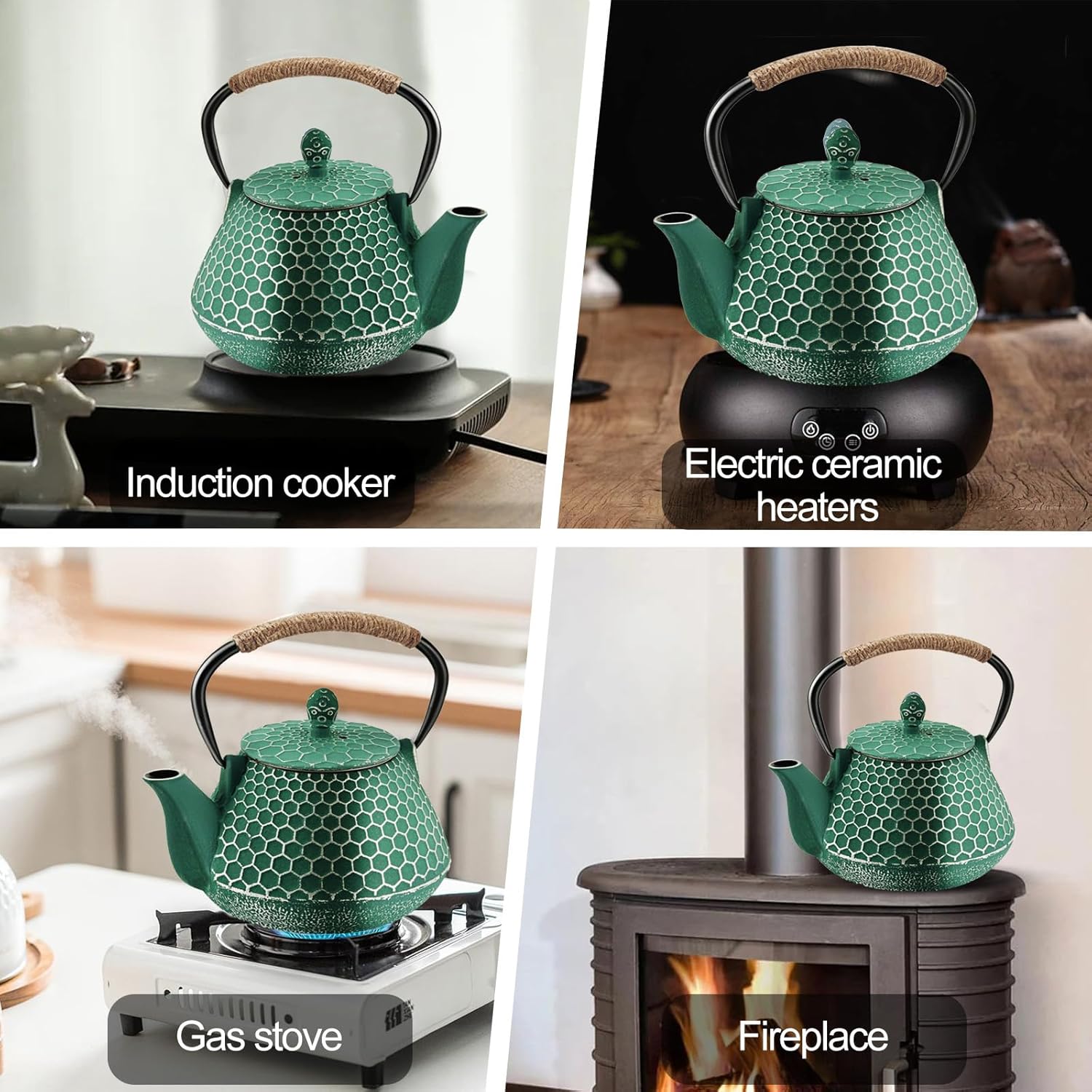 Cast Iron Tea Pot - Honeycomb Pattern Tea Kettle with Tea Leaf Infuser,Stovetop Tea Kettle Coated with Enameled Interior,Suitable for Brewing Loose Leaf Tea (green)