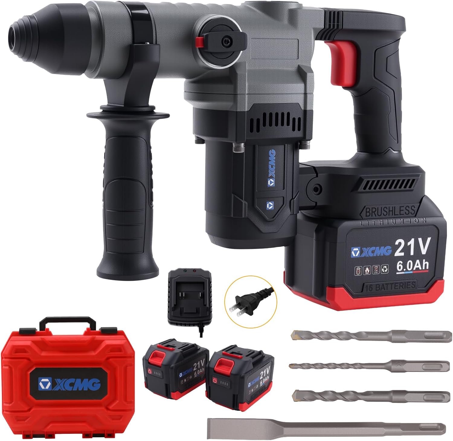XCMG 1-1/4" SDS-Plus Rotary Hammer Drill, 12.5amp, 900W powerful power, 850RPM, safety clutch and vibration control three-function design, Includes two 6.0AH batteries and fast charger
