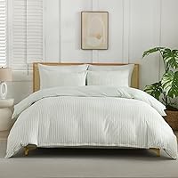 Vista 2 de Juego de funda de edredón a rayas, juego de cama de 3 piezas de color verde salvia, funda de edredón de microfibra lavada suave tamaño King y 2