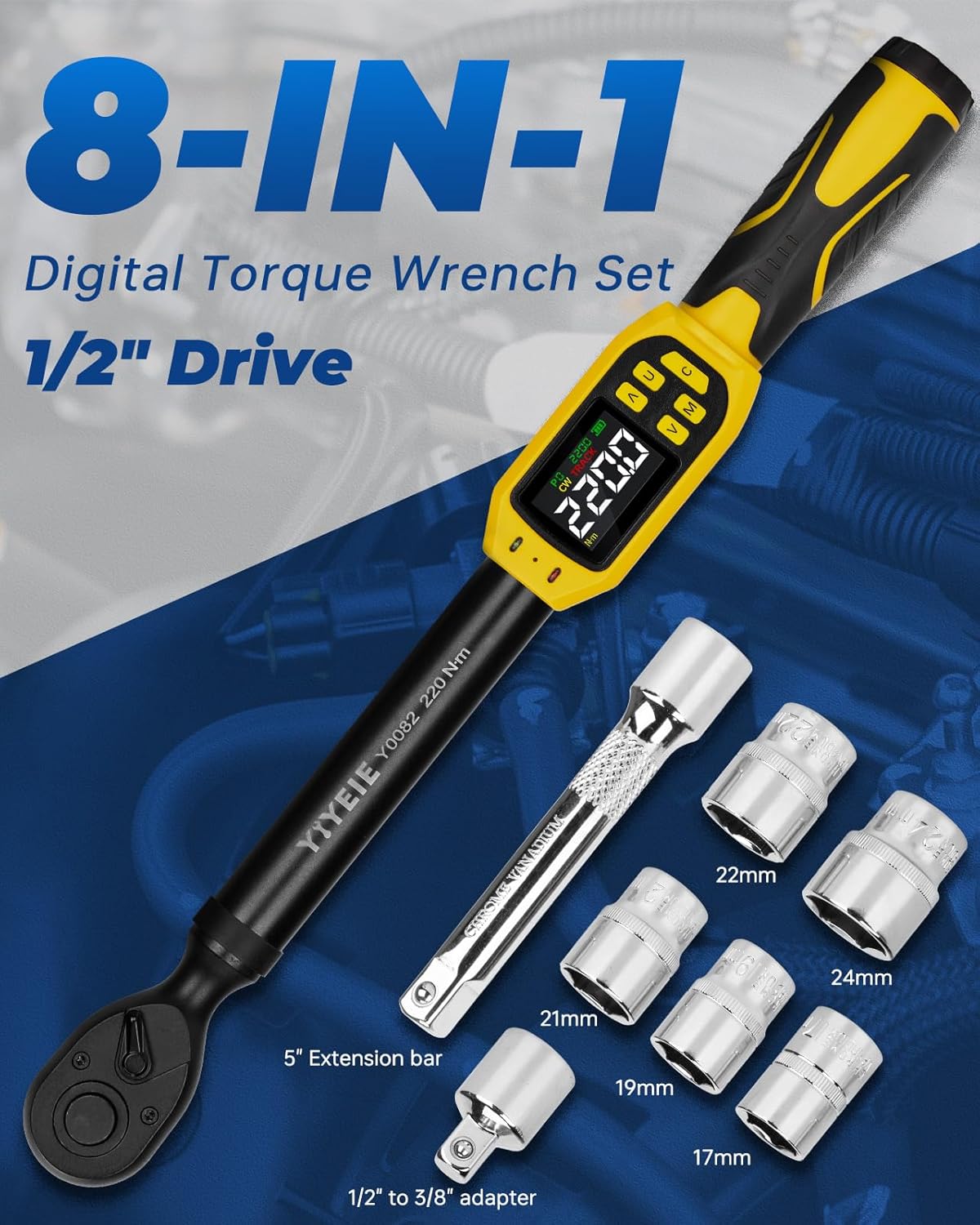 YIYEIE Digital Torque Wrench 1/2" Drive, 8.5-160 Ft-lb/10-220 N.m, ±1% Accuracy, Electronic Torque Tool with Buzzer and LED Alert, 1/2 Torque Wrench Set 8Pcs with Sockets for Motorcycle, Car Repair