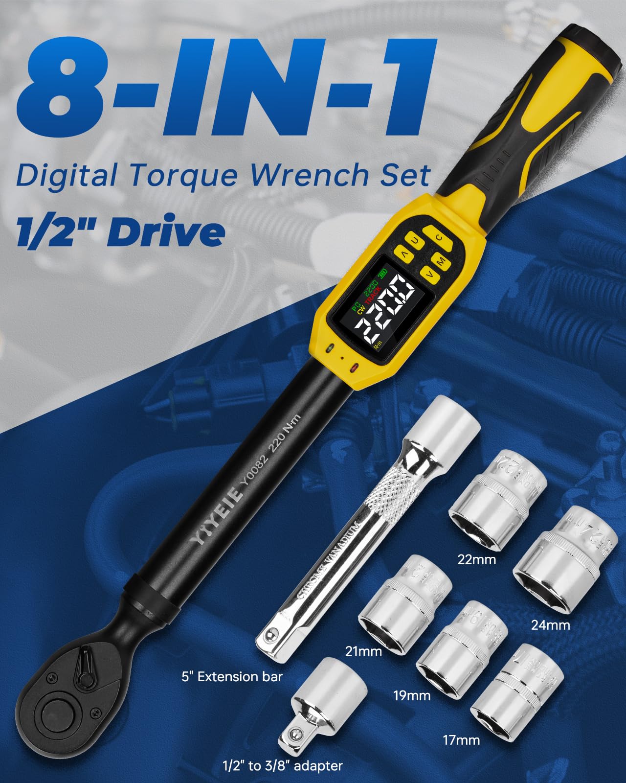YIYEIE 8 llaves dinamométricas digitales de 1/2 pulgada | 8-160 pies-libras | Precisión ± 1% | Alerta inteligente Multi | Kit de lengüeta de neumático de 1/2 pulgada para motocicleta, automóvil