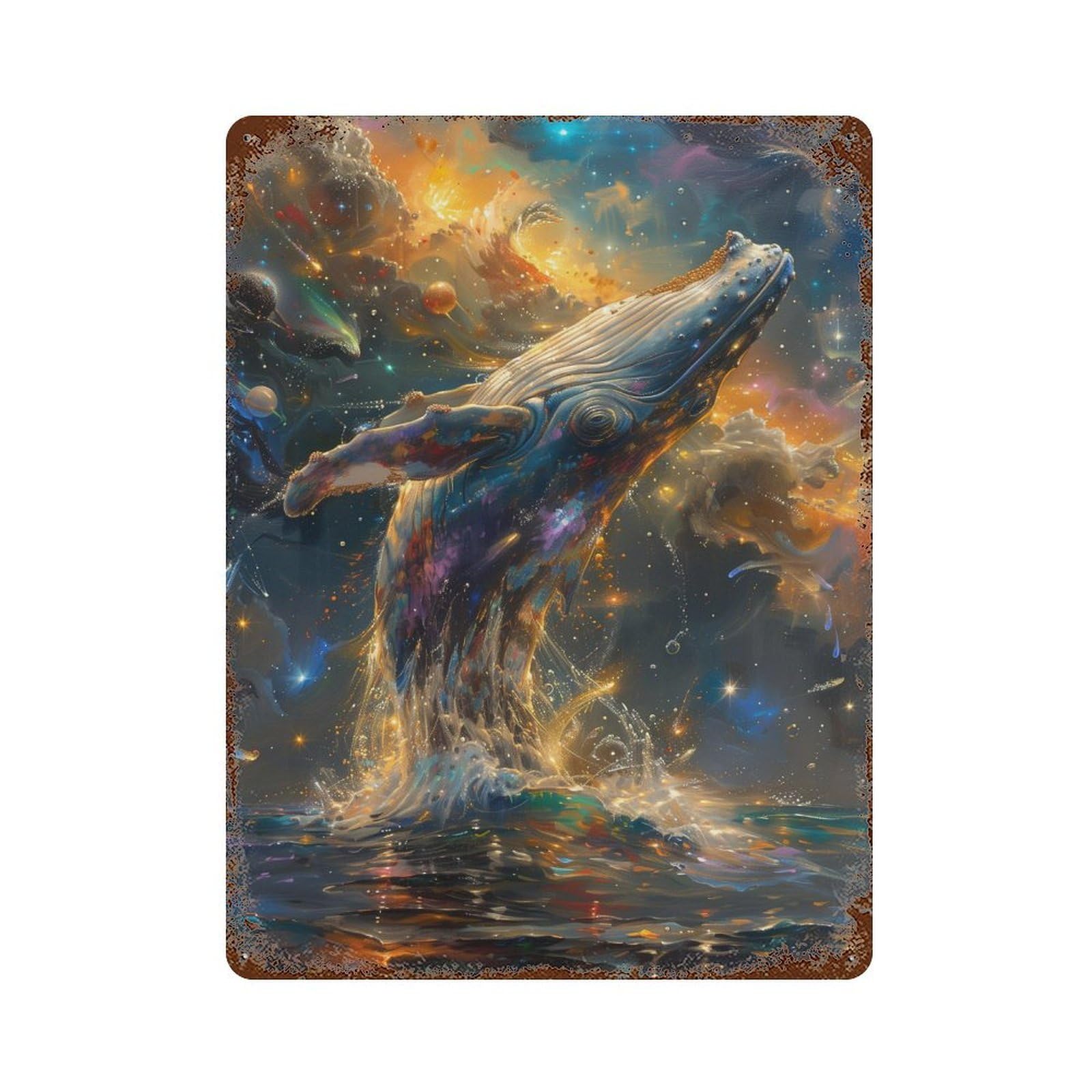 Garage Style Whale in Cosmic Ocean Aged Metal Wall Plaque 15.7"x11.8", Farmhouse Wall Decor for Bar And Workshop