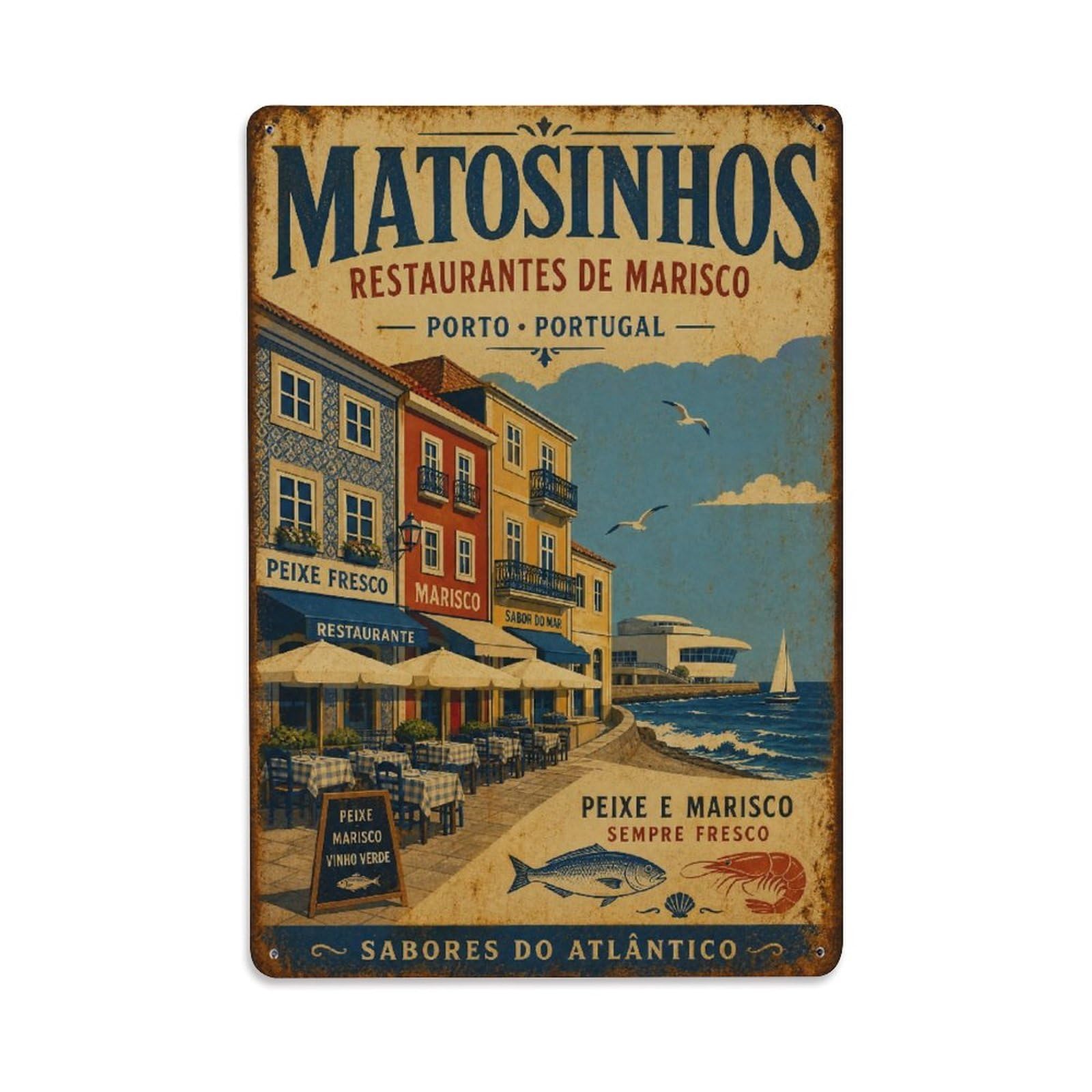 Huiyhb 8X12inch(20X30cm) Vintage Travel Matosinhos Seafood Restaurants Coastal Portugal Metal Tin Sign