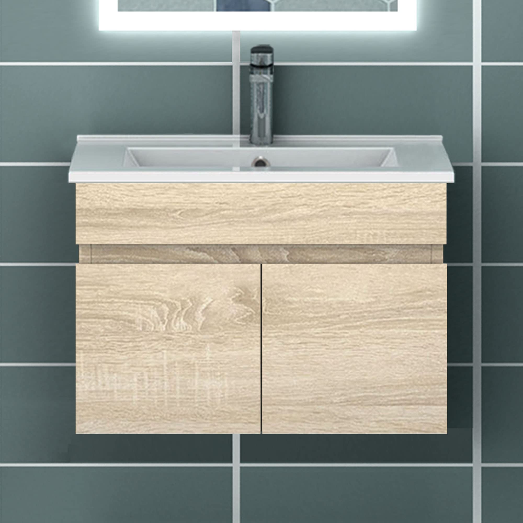 Badezimmer Badmöbel 60 cm Waschtisch mit Unterschrank Hängeschrank Eiche