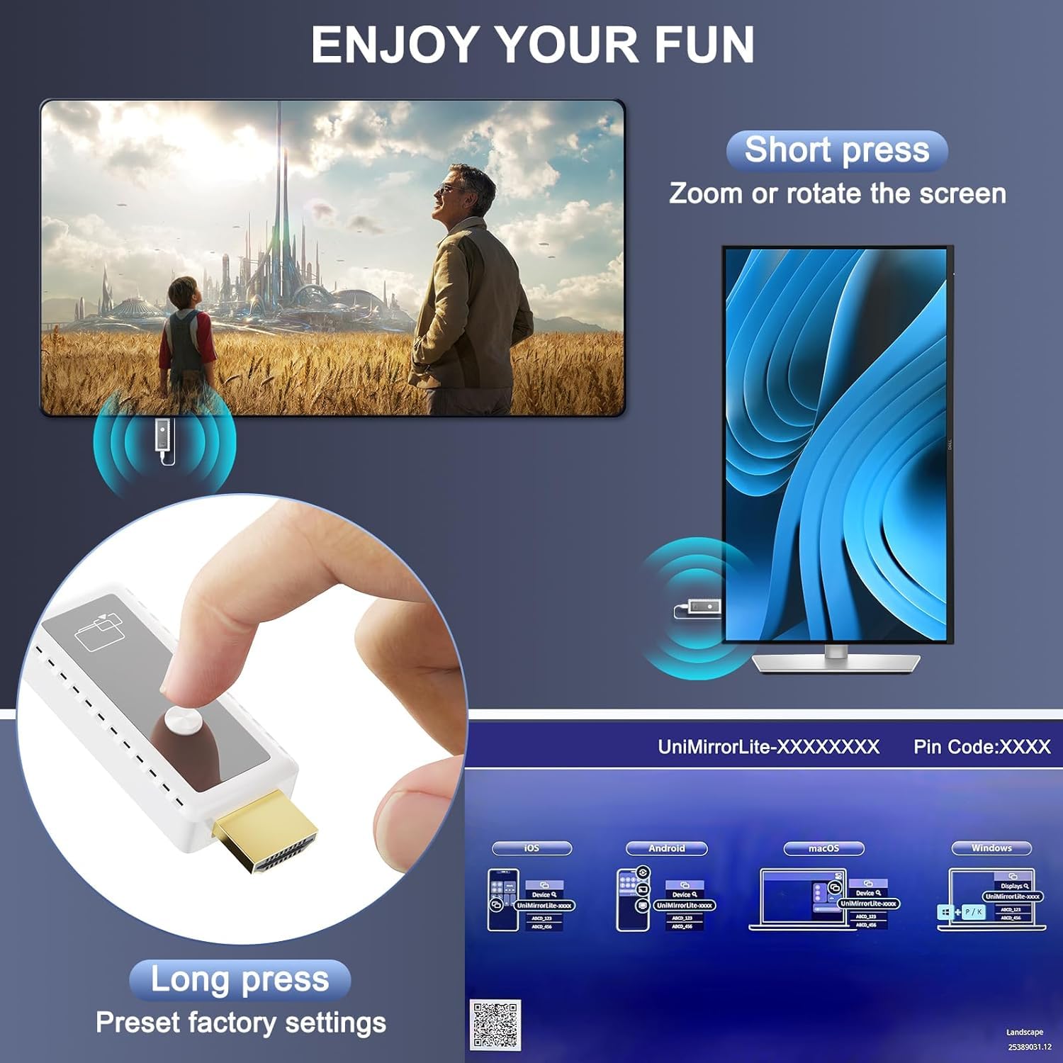 Quanlex 1080P Wireless HDMI Display Adapter, 2.4G & 5G Wireless HDMI Screen Mirroring Adapter Extender de Smartphone/Laptop vers HDTV/Monitor/Projector, WiFi Display Dongle Support AirPlay/Miracast