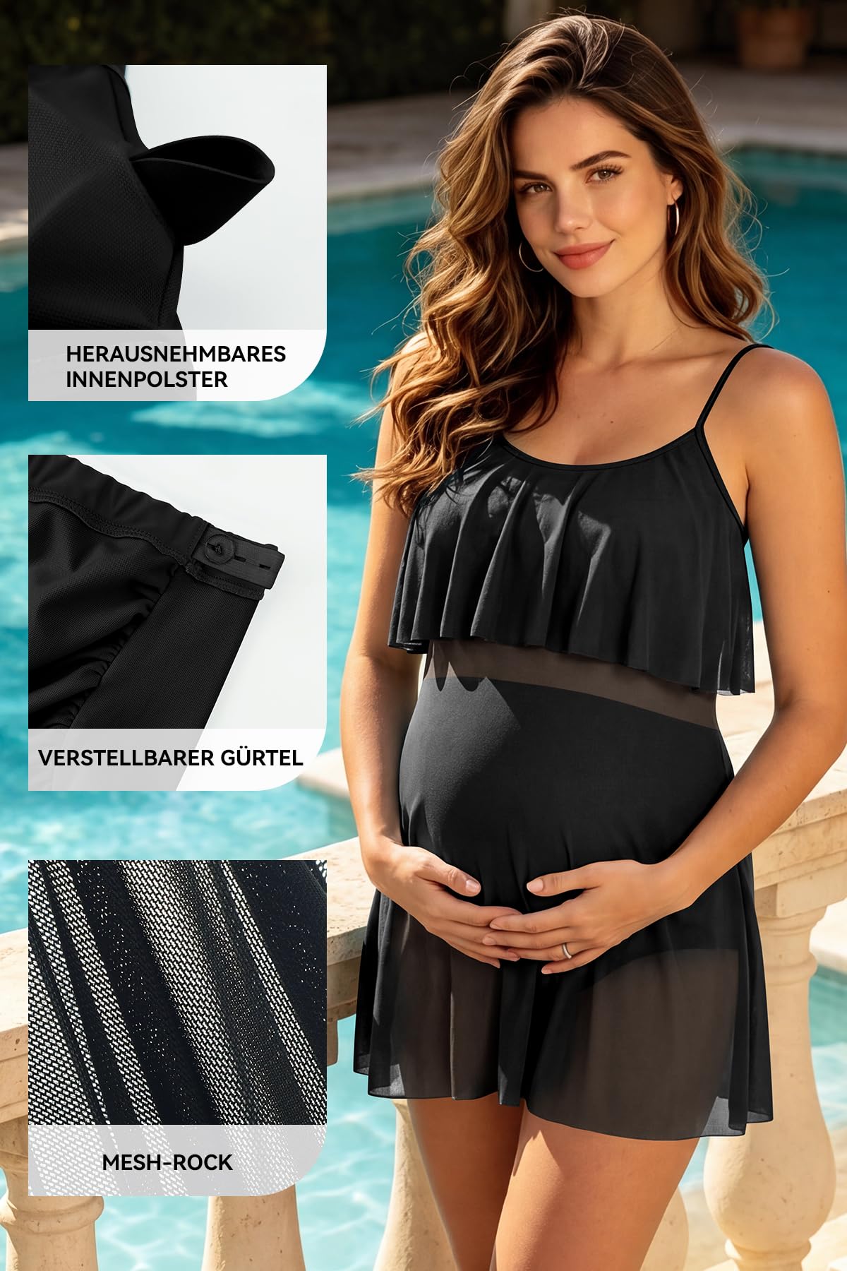 SHEKINI Costume da bagno premaman da donna, due pezzi, set tankini a vita alta con inserti in rete