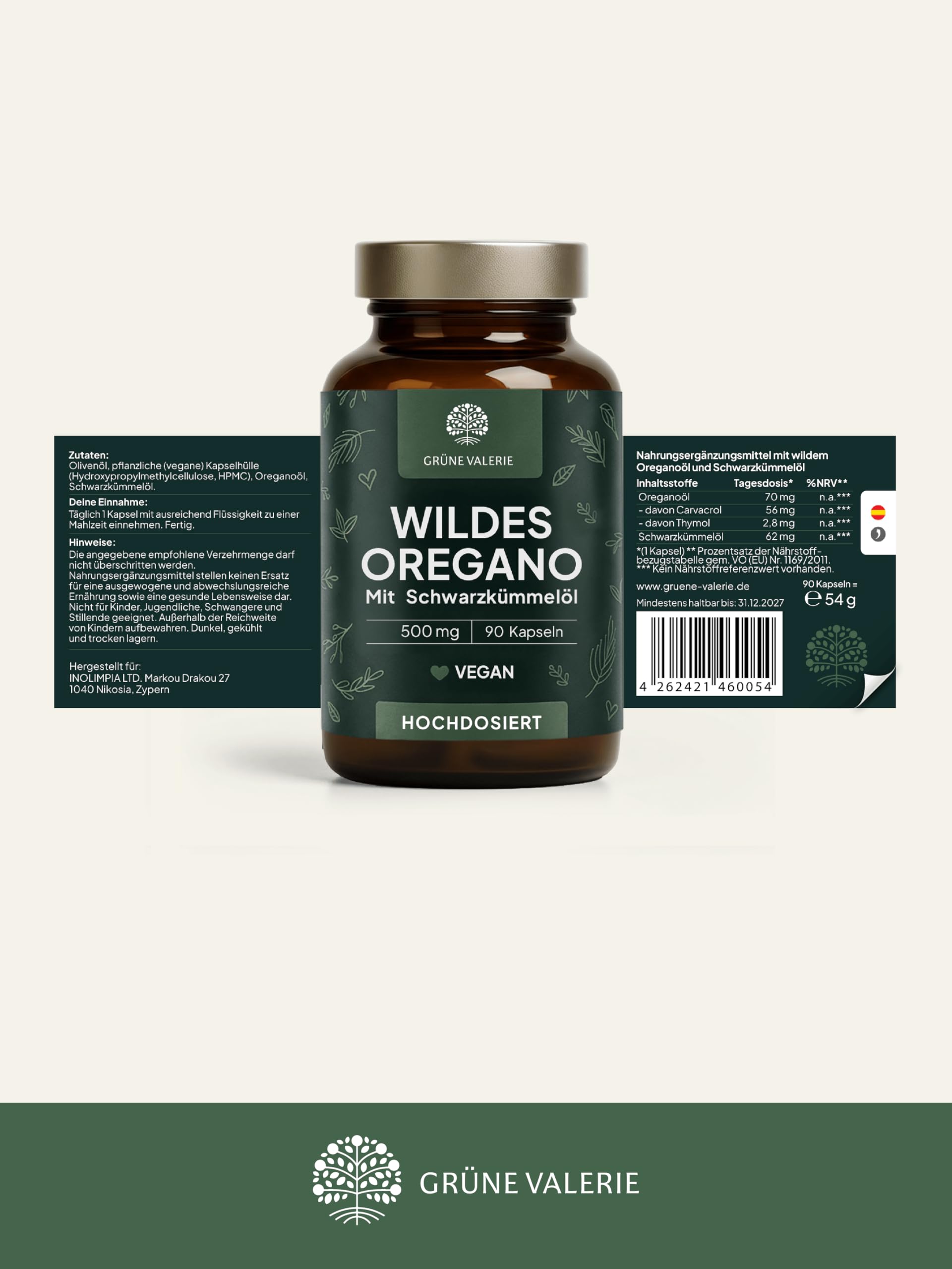 GRÜNE VALERIE® Oregano Öl Kapseln [HOCHDOSIERT] – DuoKomplex mit Schwarzkümmelöl 90 Stück – 82% Carvacrol Wildes Berg Oreganoöl – 500mg Kapseln vegan & magensaftresistent – laborgeprüft & ohne Zusätze