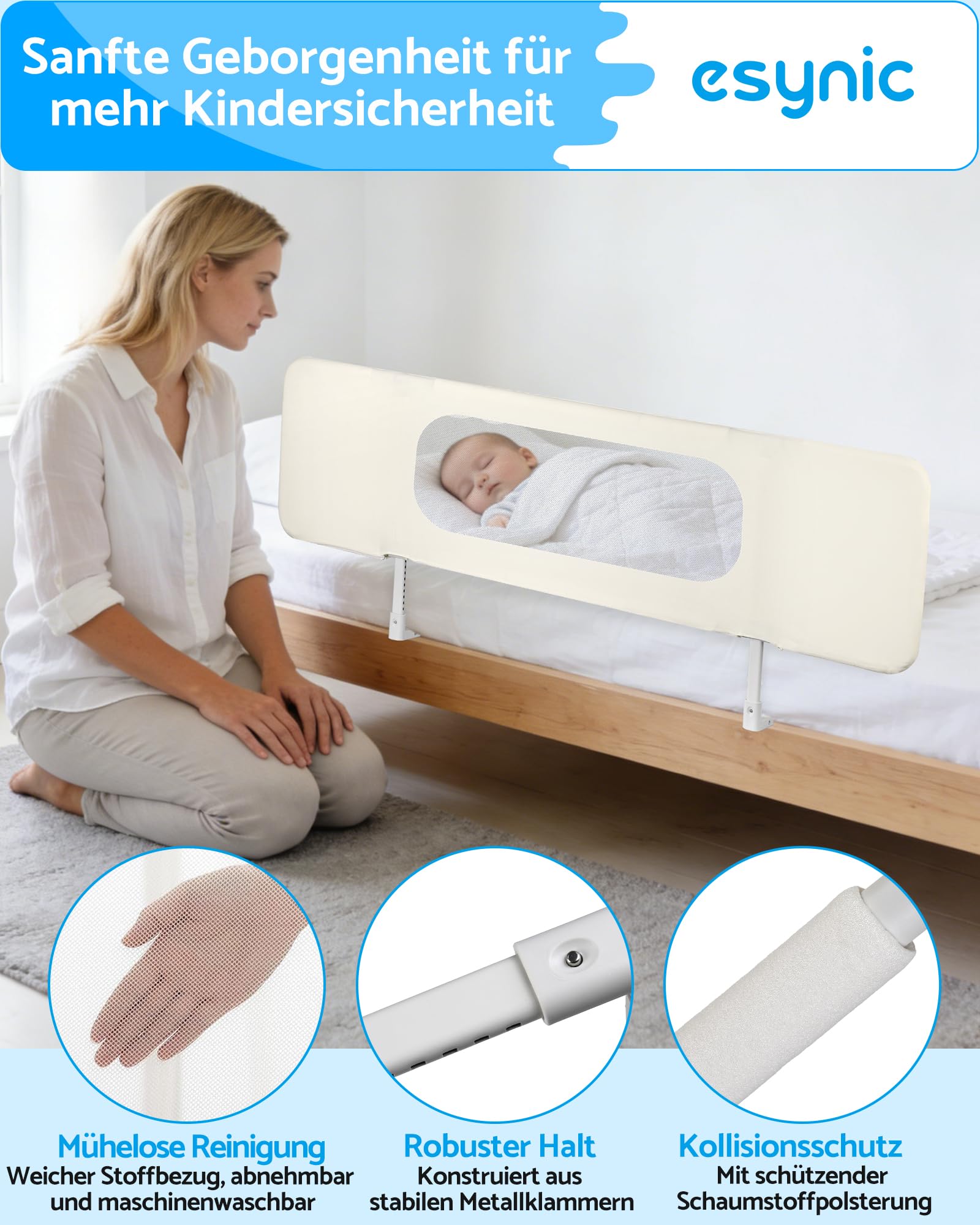 eSynic Tragbares Bettschutzgitter 150 cm Cremeweiß Bettgitter Mobiler Rausfallschutz für Kinder & Kleinkinder Höhenverstellbares Babybettgitter Familienbett Doppelbett Hotelbett für Zuhause & Reisen