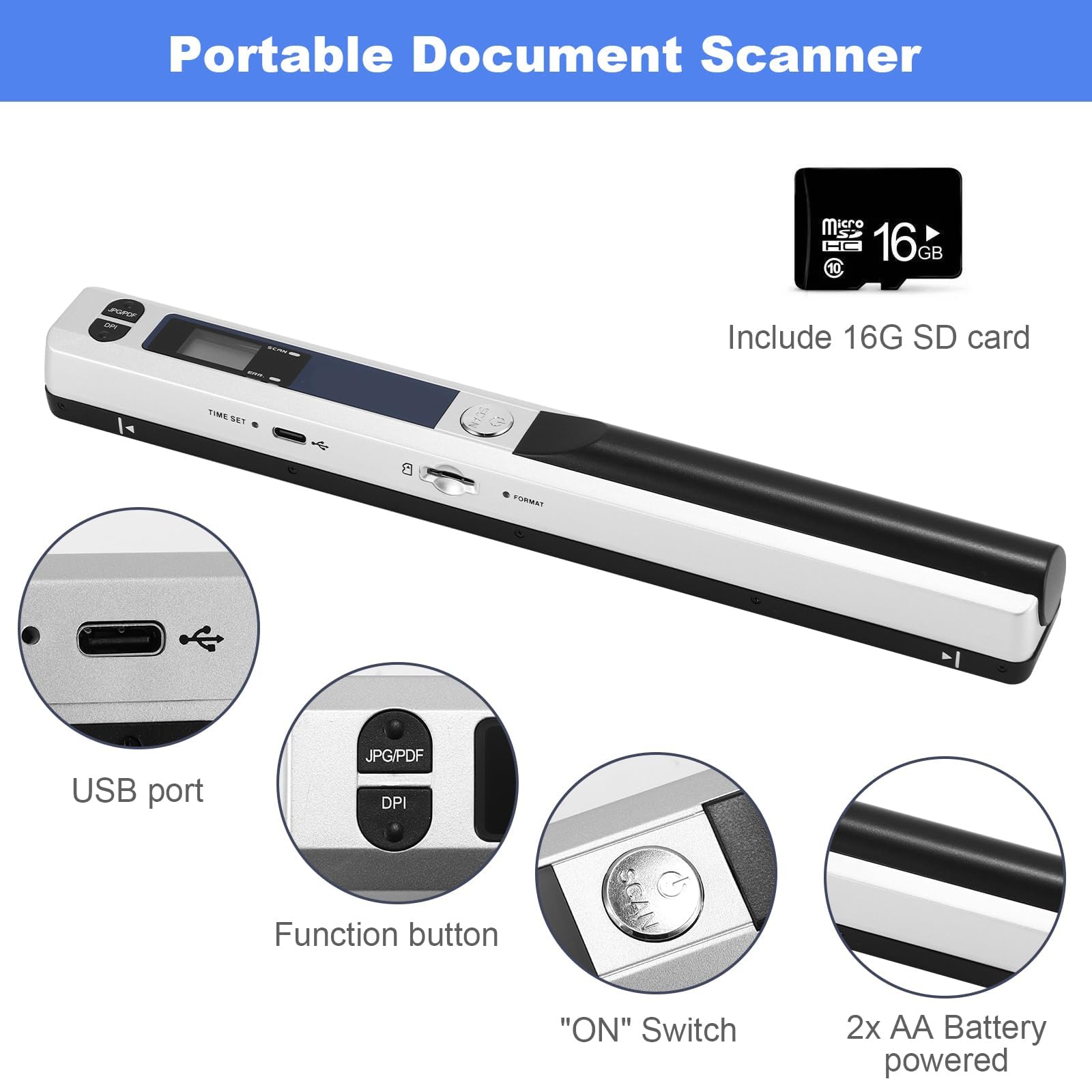Scanner de Documents Portable, Mini Scanner de Photos Portable 900 DPI, Baguette de numérisation Couleur A4 Haute Vitesse, Scanner Portable Rechargeable par USB, Comprend Une Carte SD 16 Go (Argent)