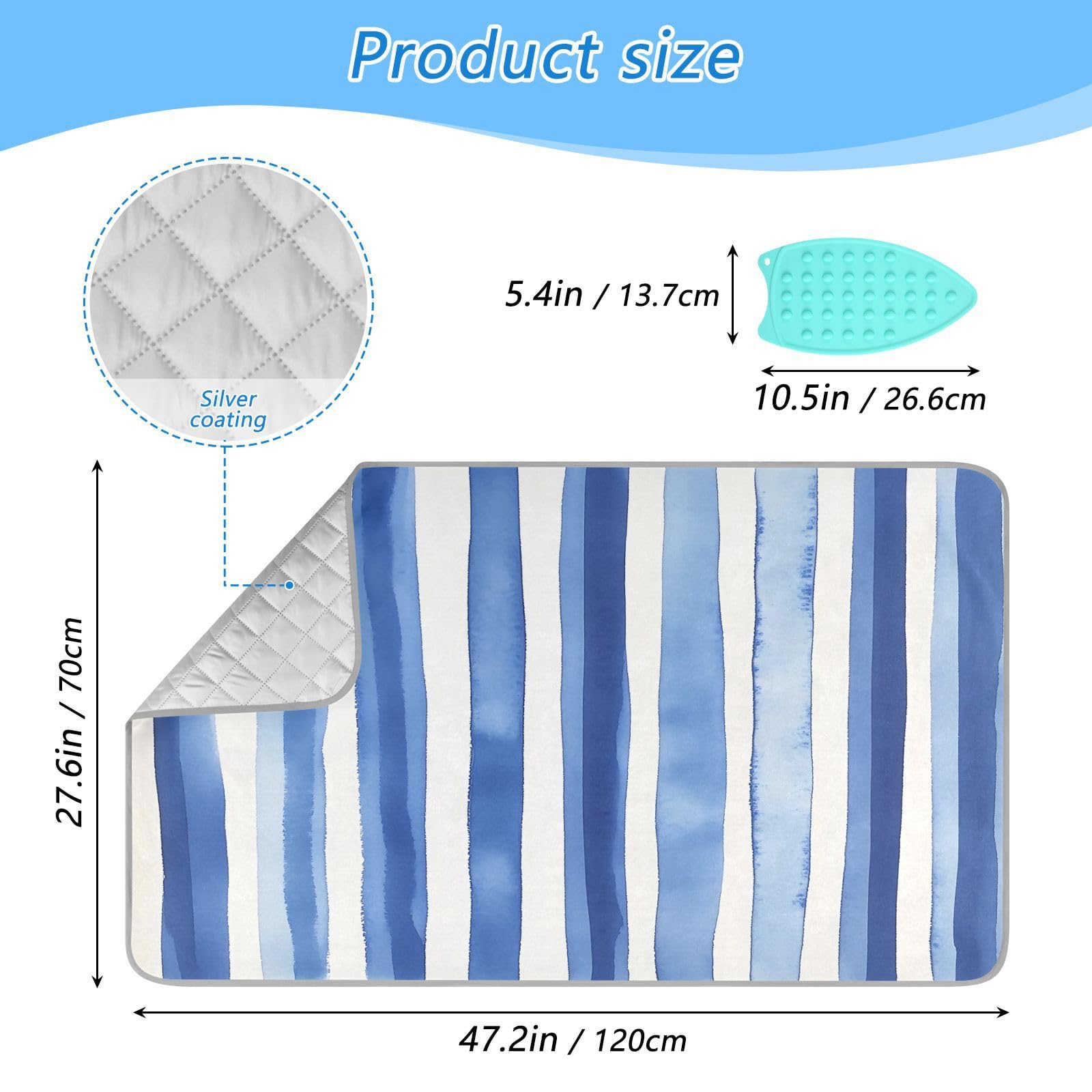 pnyoin Portable Ironing Mat Retro Classic Blue Stripes Travel Ironing Pad with Silicone Iron Rest for Steam Pressing on Tabletop or Bed Heat Resistant Portable Quilting & Travel Blanket