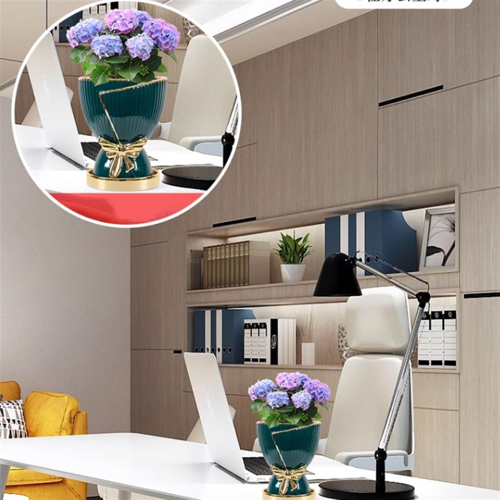 Maceta de cerámica de Lujo con Base, Creativa y Personalizada, para el hogar, Color Verde Oscuro y Blanco.