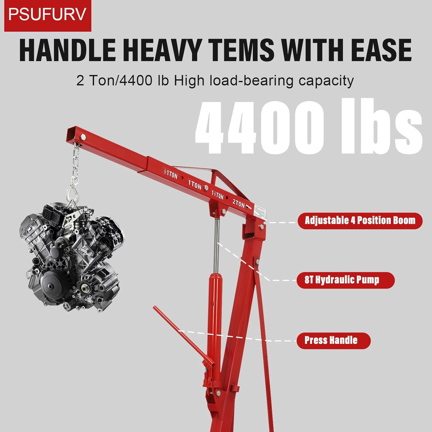 2 Ton Engine Hoist Folding Engine Lift with Six Universal Wheels Folding Shop Crane Heavy Duty Steel Hydraulic Shop Engine Crane for Car Fixing & Workshops & Garages, 4409 Lbs