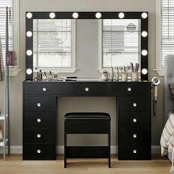 Black Vanity Desk with Illuminated Mirror & Power Outlet, 11 Drawers Vanity Table with Chair, Makeup Vanity with 11 Hollywood Light Bulbs, Tempered Glass Top, Dressing Table for Bedroom,Dressing Room.