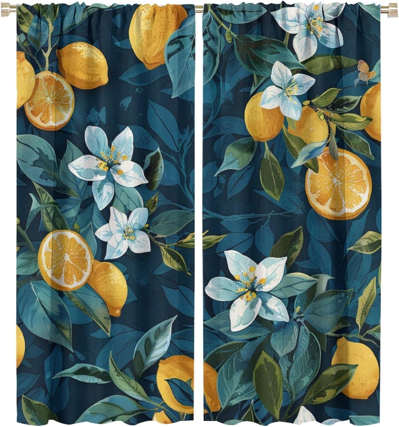 Fantasy Garden Blackout Curtains for Bedroom Living Room, Rod Pocket Lemon Plant Fruit Curtains Thermal Insulated Window Drapes 2 Panels, Each 21W x 45L