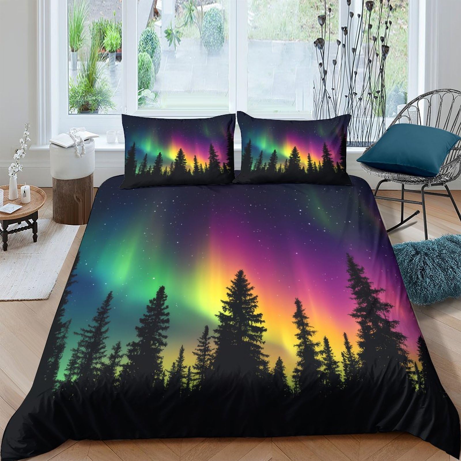 Ctjqhvkz Style-10 3D Printed Northern Lights Fitted Sheet Microfiber Soft Breathable Aurora Forest Mattress Cover Bedroom Decor Single（135X200cm）